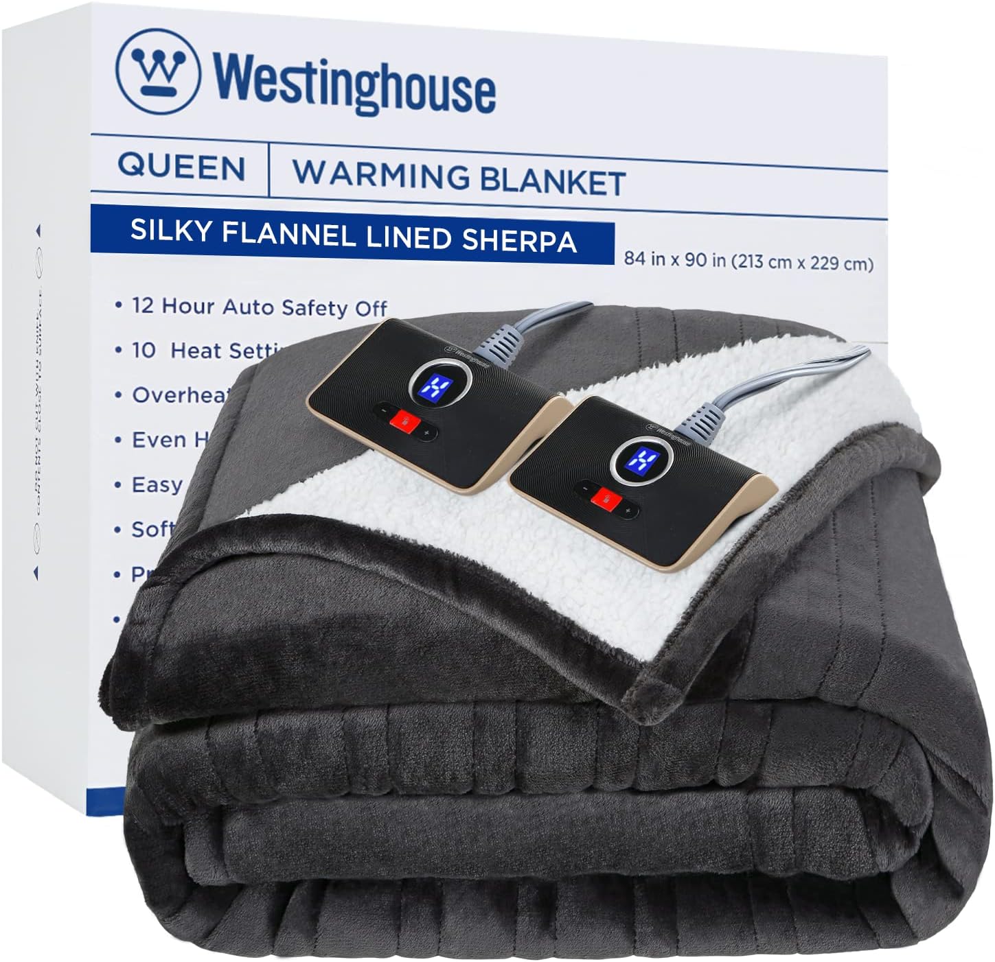 Westinghouse Heated Throw Blanket, Soft Flannel to Sherpa Electric Throw with 6 Heating Levels, 2-10 Hours Time Settings, Fast Heating, Machine Washable 50x60 Inch, Charcoal