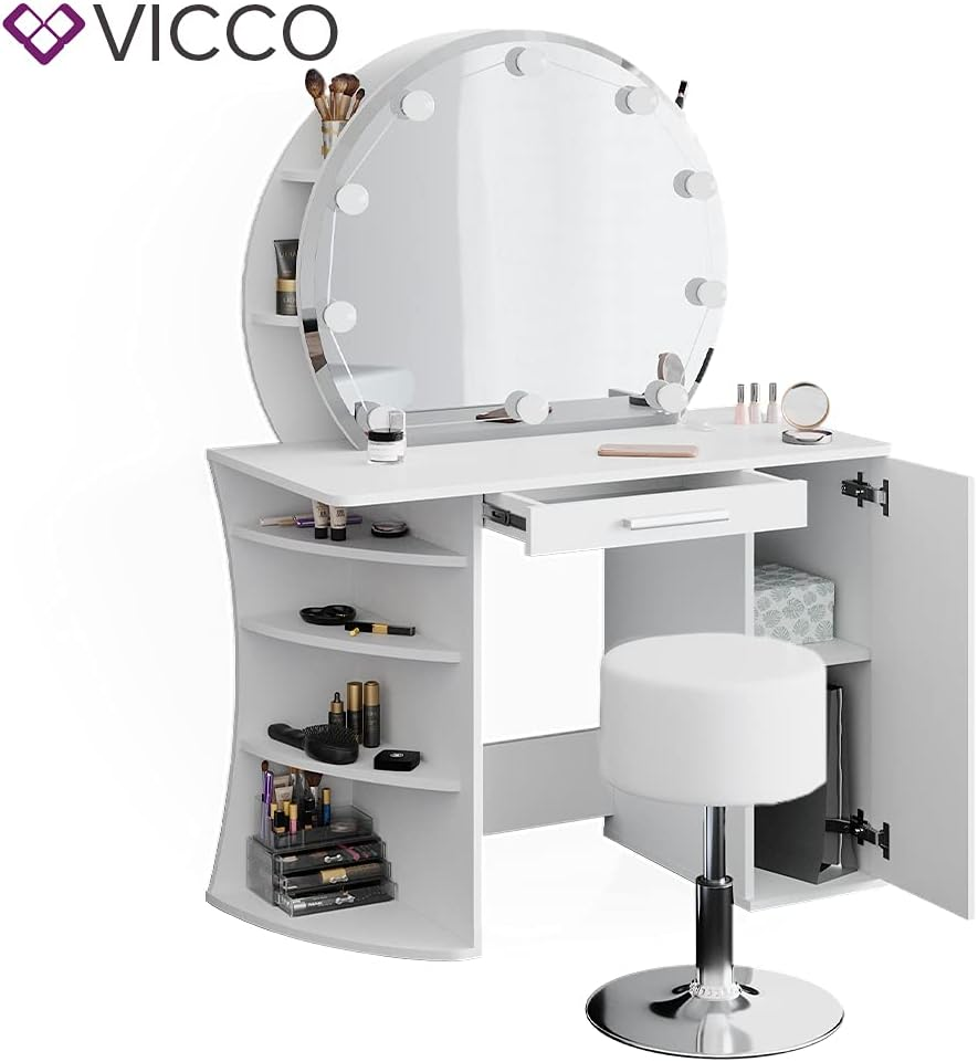 Vicco Almina Dressing Table 100 cm White with LED Lighting and Stool