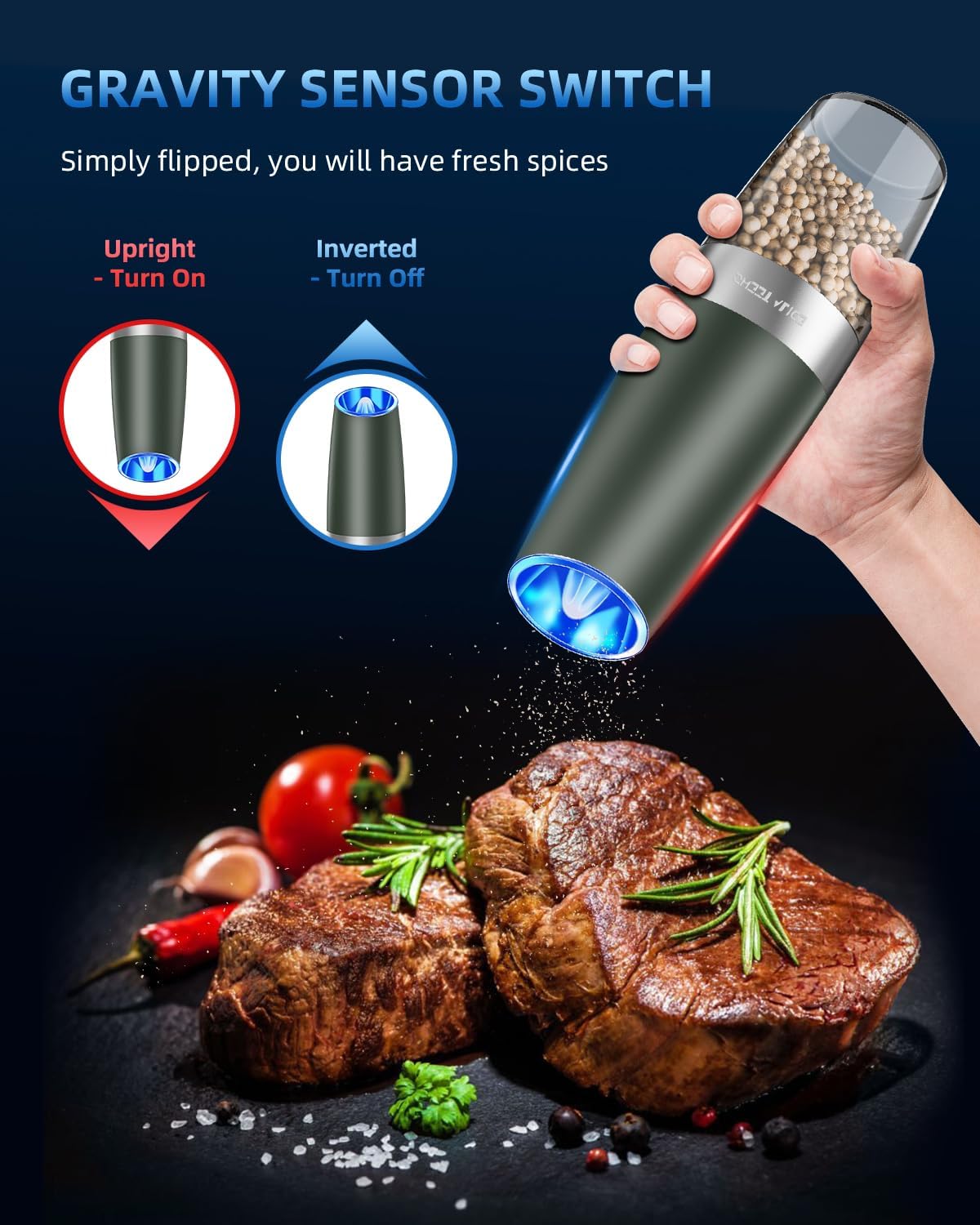 Sweet Alice Gravity Electric Pepper and Salt Grinder Set, Adjustable Coarseness, Battery Powered with LED Light, One Hand Automatic Operation, Stainless Steel Black, 2 Pack