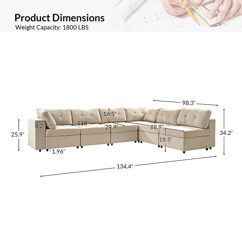 Raquel Sectional Six-Seat Storage Full Armrests Sofa