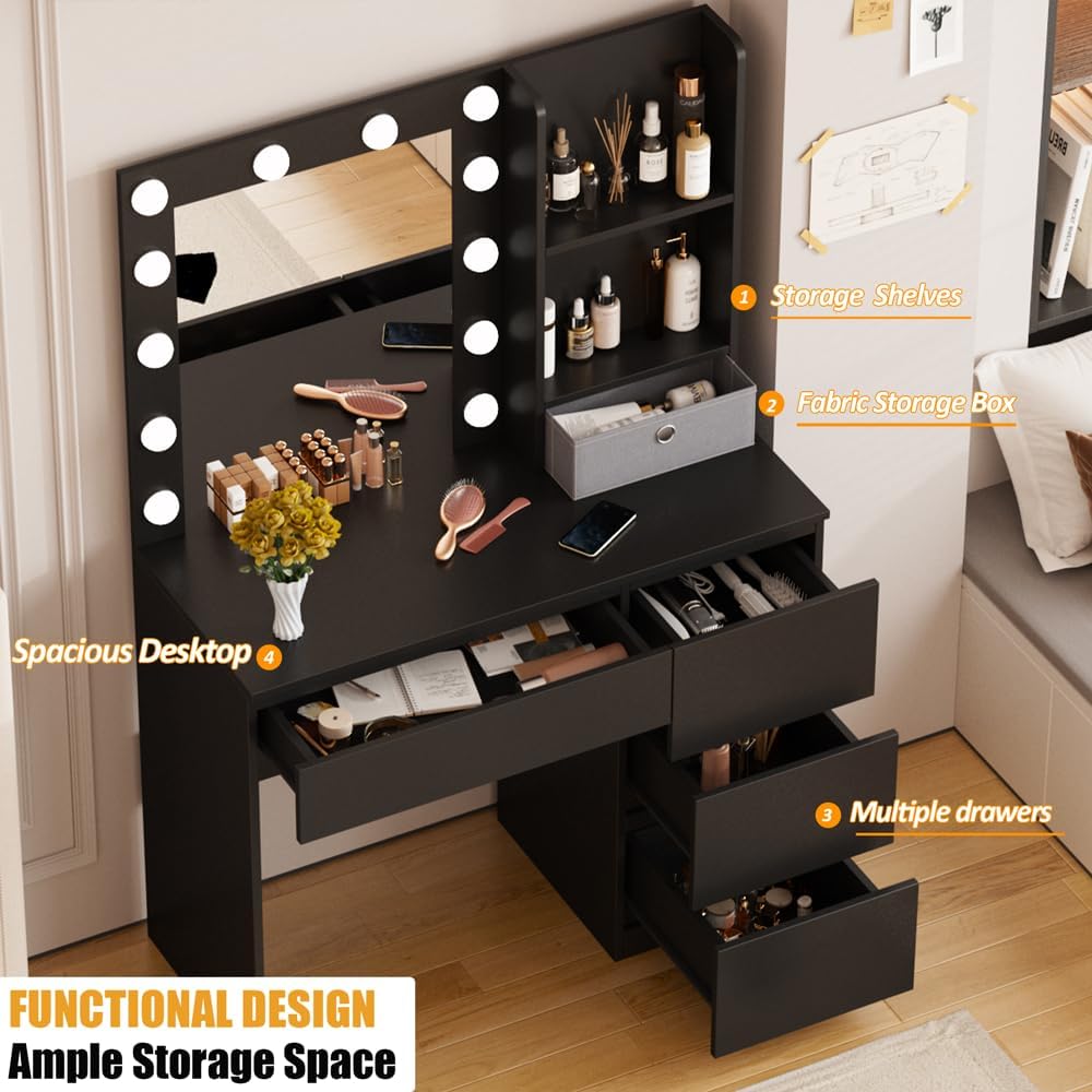 Vabches Makeup Vanity with Lights, 37inch Vanity Desk, 4 Large Drawers Dresser with Lighted Mirror, 3 Lighting Modes Brightness Adjustable