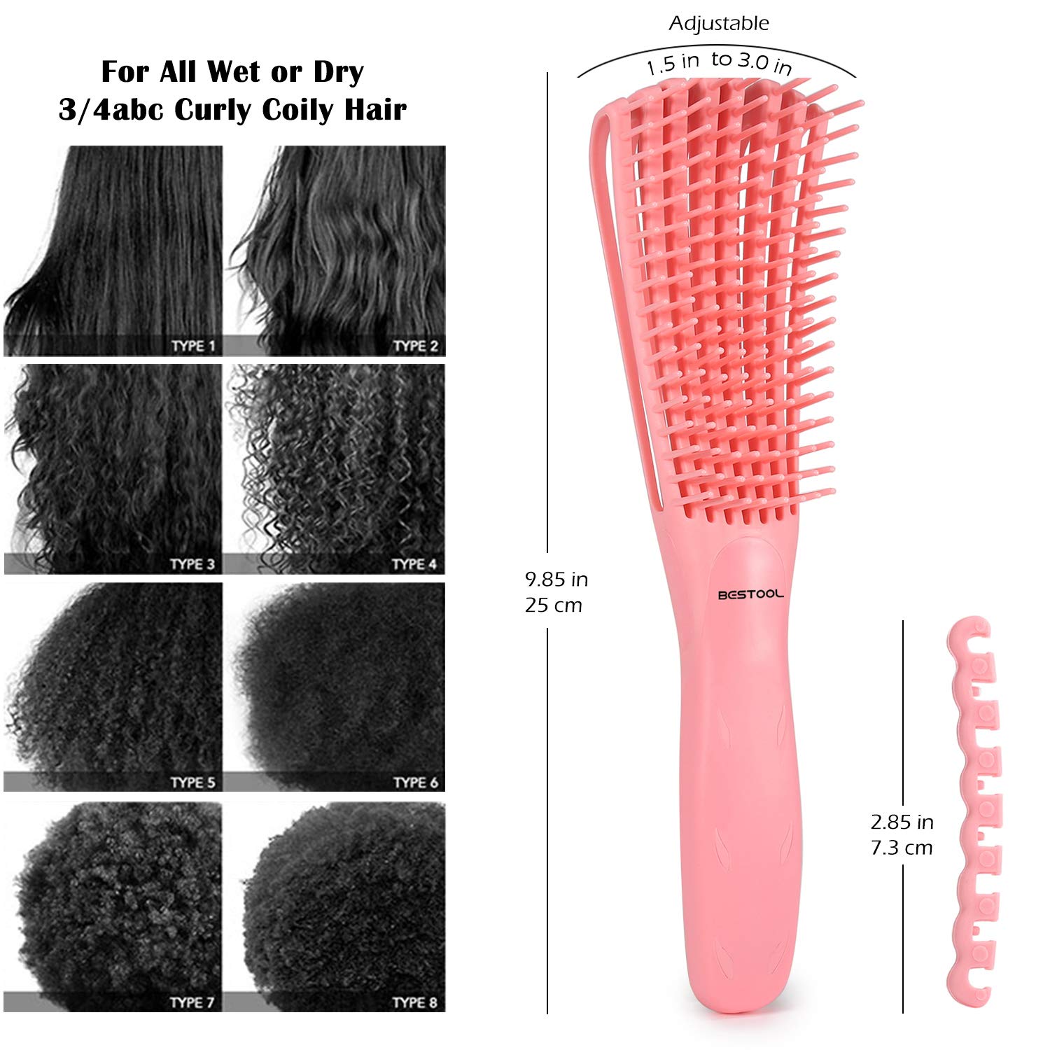 BESTOOL Hair Brush, Detangling Brush for Natural Black and Curly Hair (Pink, Afro 3/4abc), Ideal for Wet or Dry Hair