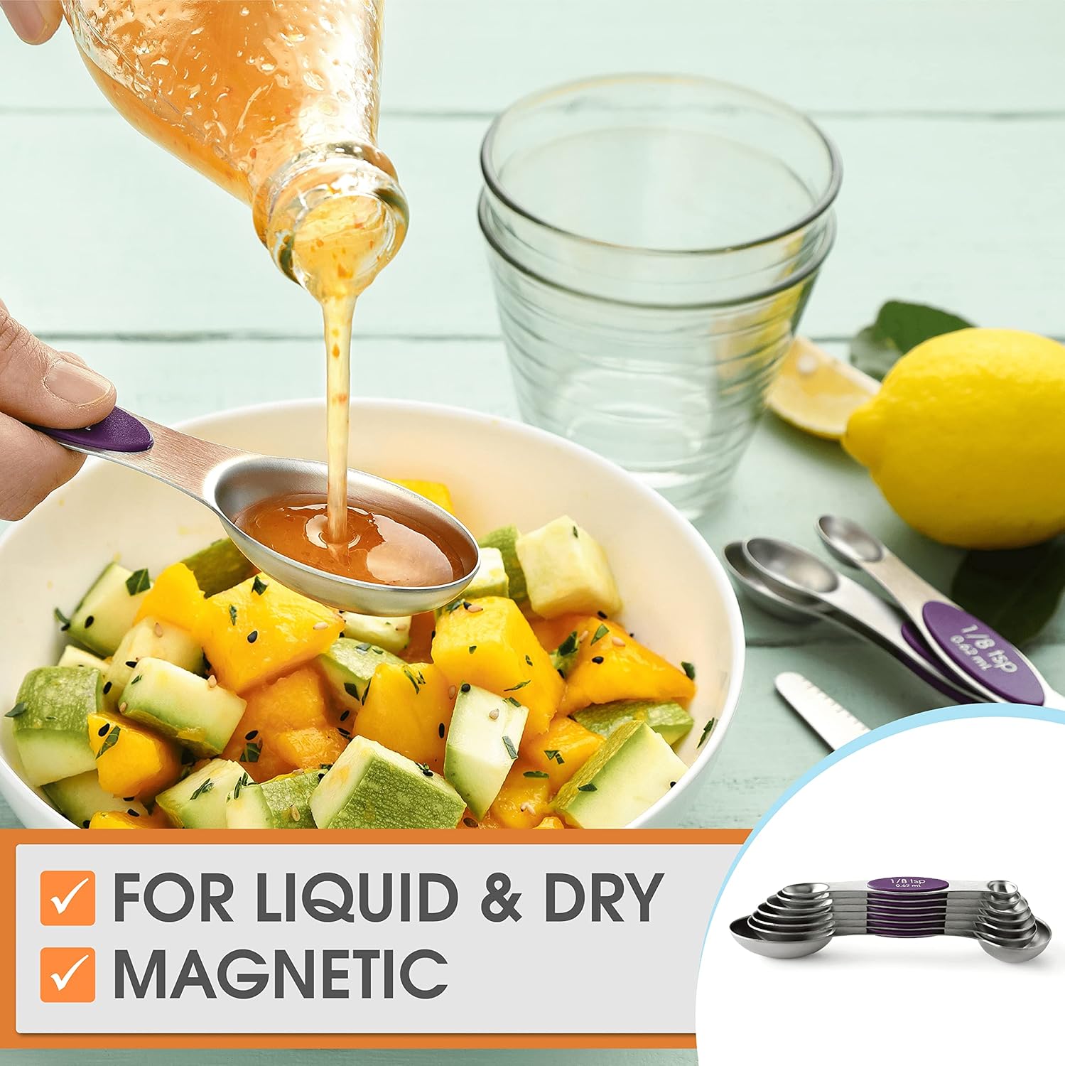 Spring Chef Magnetic Measuring Spoons Set with Strong N45 Magnets, Heavy Duty Stainless Steel Metal, Fits in Most Kitchen Spice Jars for Baking & Cooking, BPA Free, Black, Set of 8 with Leveler