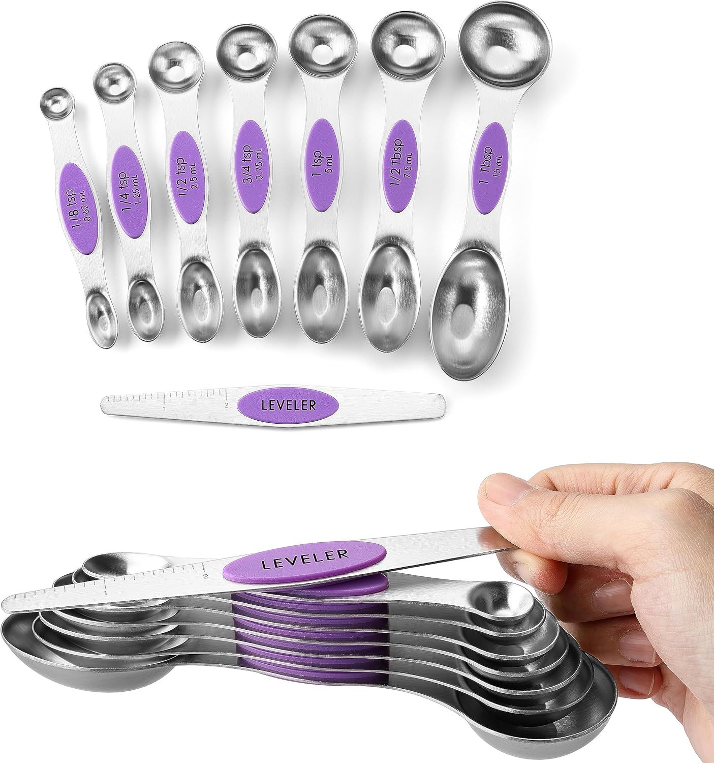 Spring Chef Magnetic Measuring Spoons Set with Strong N45 Magnets, Heavy Duty Stainless Steel Metal, Fits in Most Kitchen Spice Jars for Baking & Cooking, BPA Free, Black, Set of 8 with Leveler