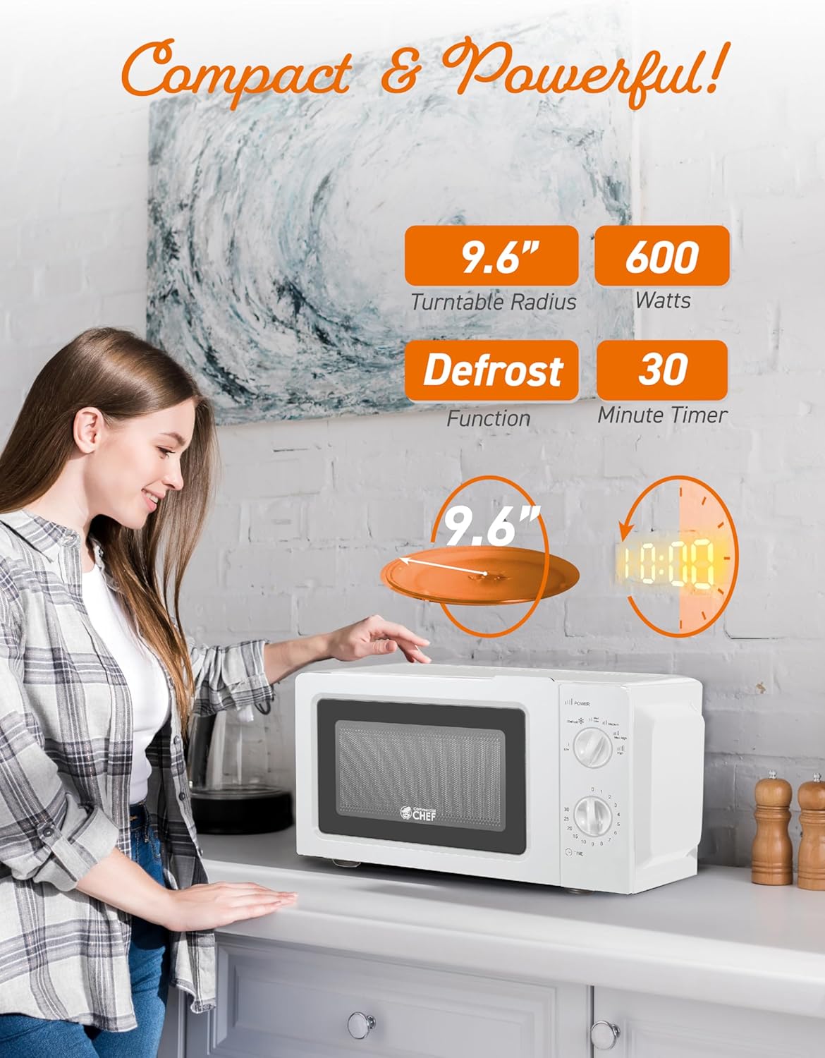 COMMERCIAL CHEF 0.6 Cubic Foot Microwave with 6 Power Levels, Small Microwave with Grip Handle, 700W Countertop Microwave with 30 Minute Timer and Mechanical Dial Controls, White