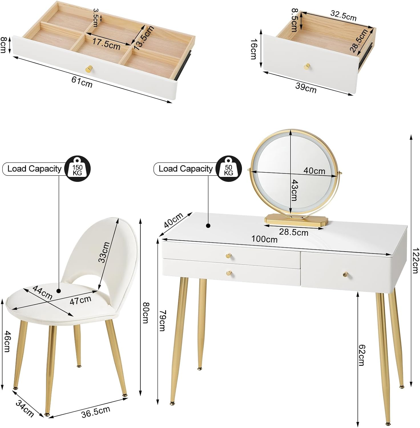 WOLTU MB6105ws Dressing Table with Lighting and Chair, 3 Colours with Adjustable Brightness, Dressing Table with 3 Solid Wood Drawers, Large Table Top 100 x 40 cm, White + Gold