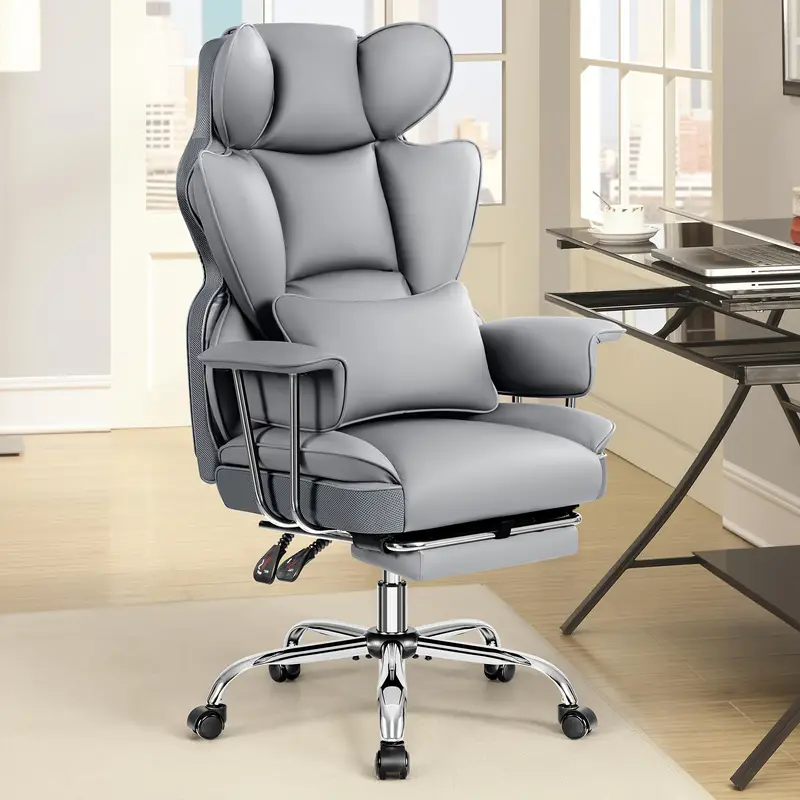 Plus-Size Executive High-Back Leather Actflame Premium Ergonomic Office Chair With Enhanced Lumbar Support & Integrated Footrest - Perfect Fit For Spacious Homes & Offices