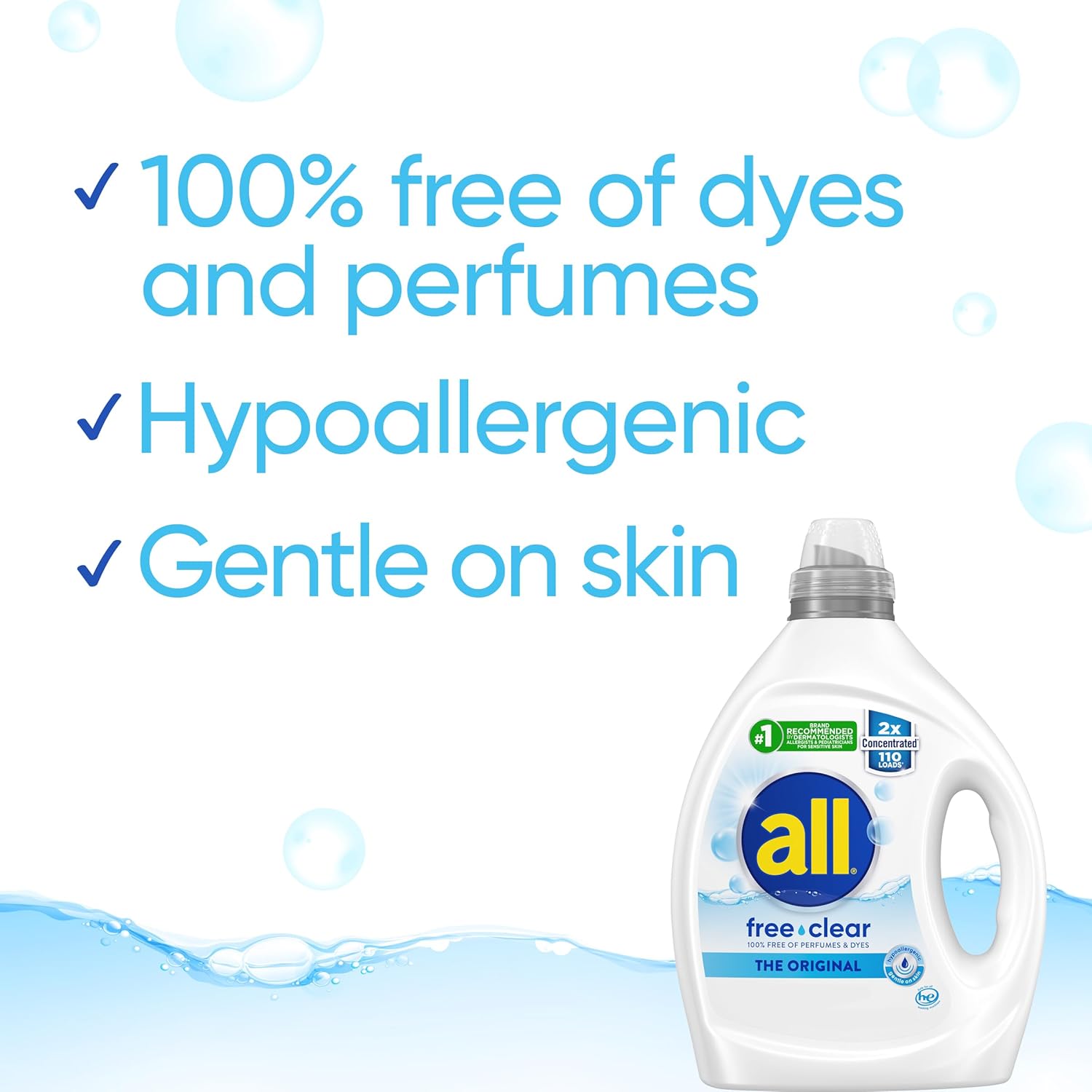 all Liquid Laundry Detergent, Free Clear for Sensitive Skin, Unscented and Hypoallergenic, 2X Concentrated, 110 Loads