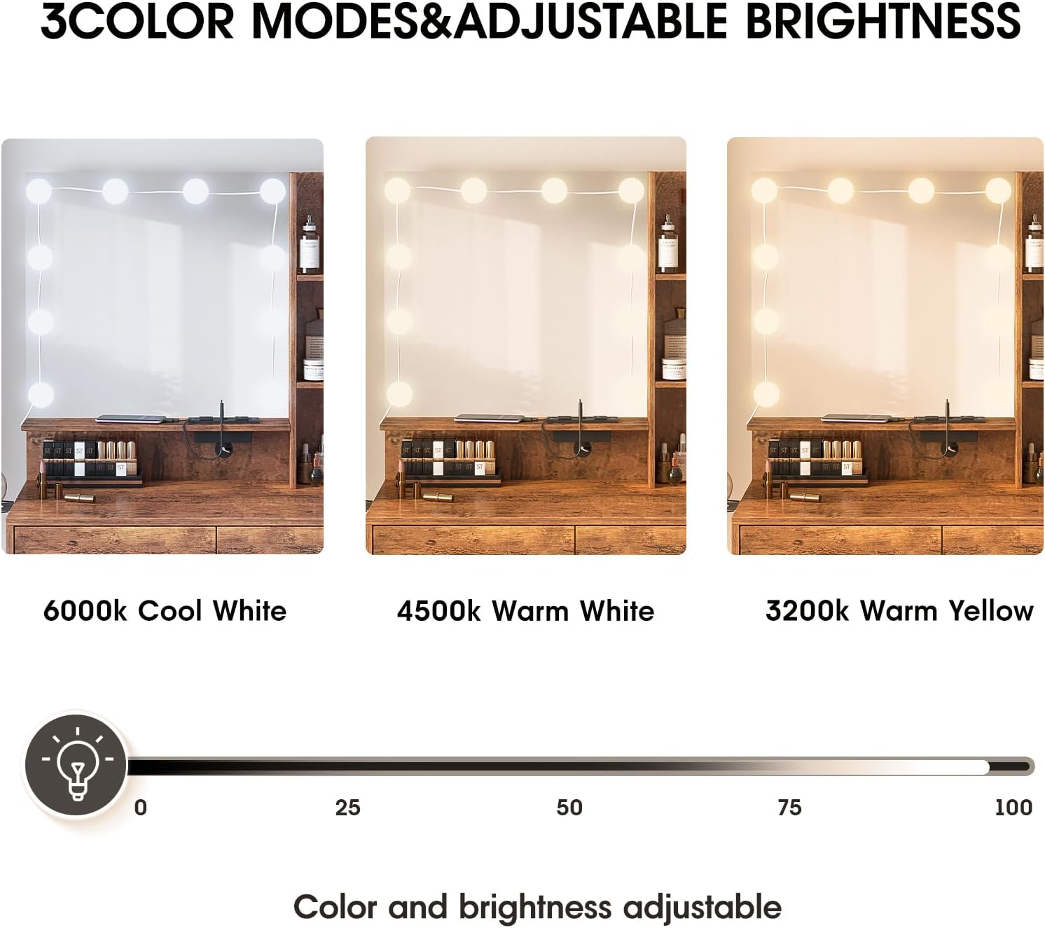 Maupvit Vanity Desk with Mirror and Lights, White Vanity with Bedside Table, 5 Drawers Large Capacity, Metal Silver Handle, Makeup Vanity with 10 Led Lights And Charging Station