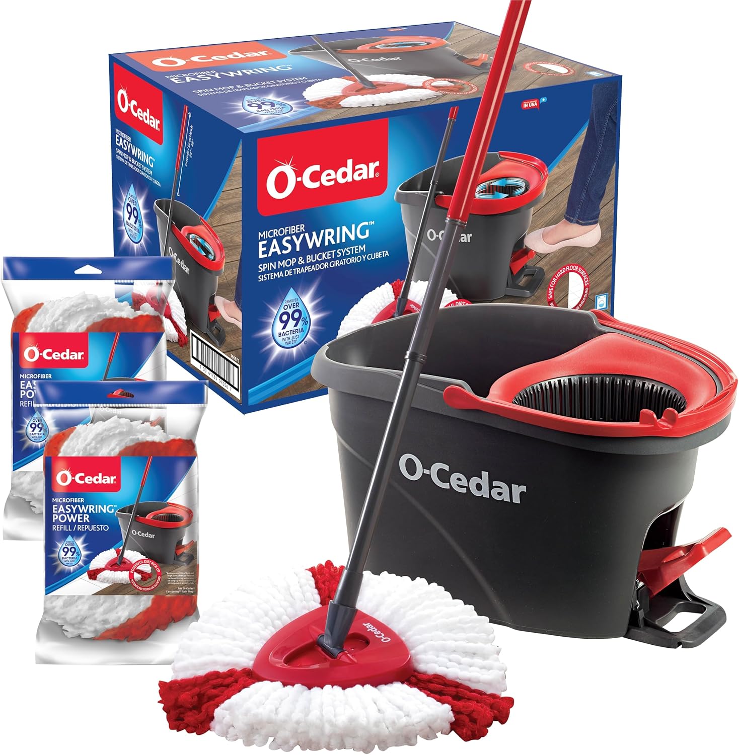 O-Cedar EasyWring Microfiber Spin Mop & Bucket Floor Cleaning System + 2 Extra Refills, Red/Gray