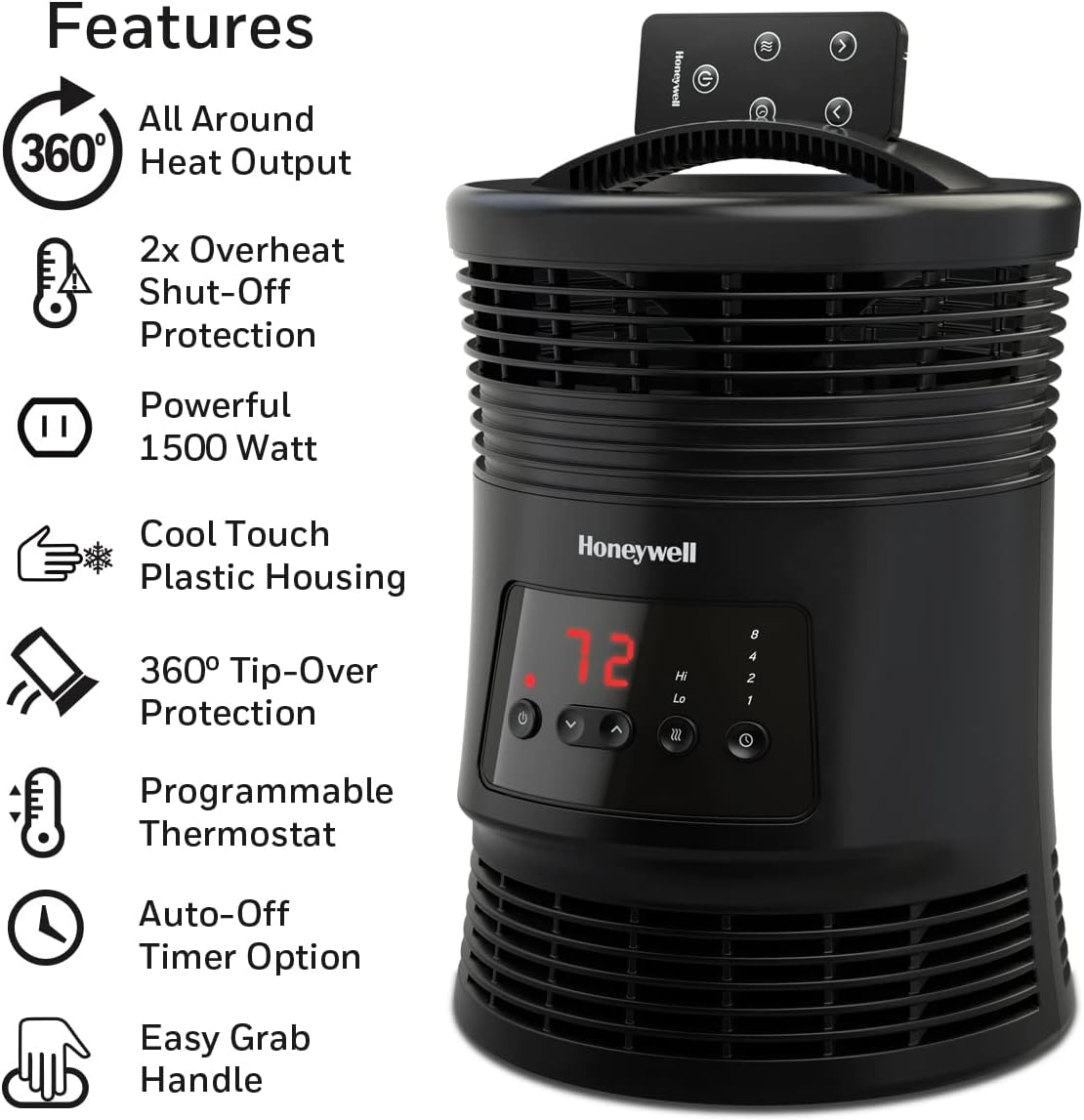 Honeywell HHF360V 360 Degree Surround Fan Forced Heater with Surround Heat Output Charcoal Grey Energy Efficient Portable Heater with Adjustable Thermostat & 2 Heat Settings, Small