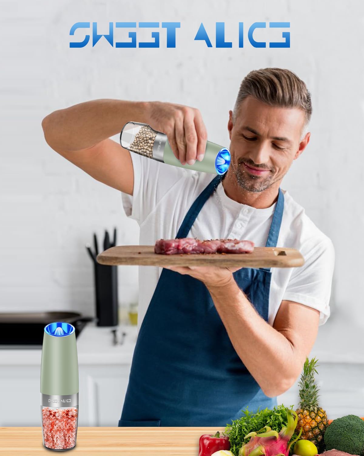 Sweet Alice Gravity Electric Pepper and Salt Grinder Set, Adjustable Coarseness, Battery Powered with LED Light, One Hand Automatic Operation, Stainless Steel Black, 2 Pack