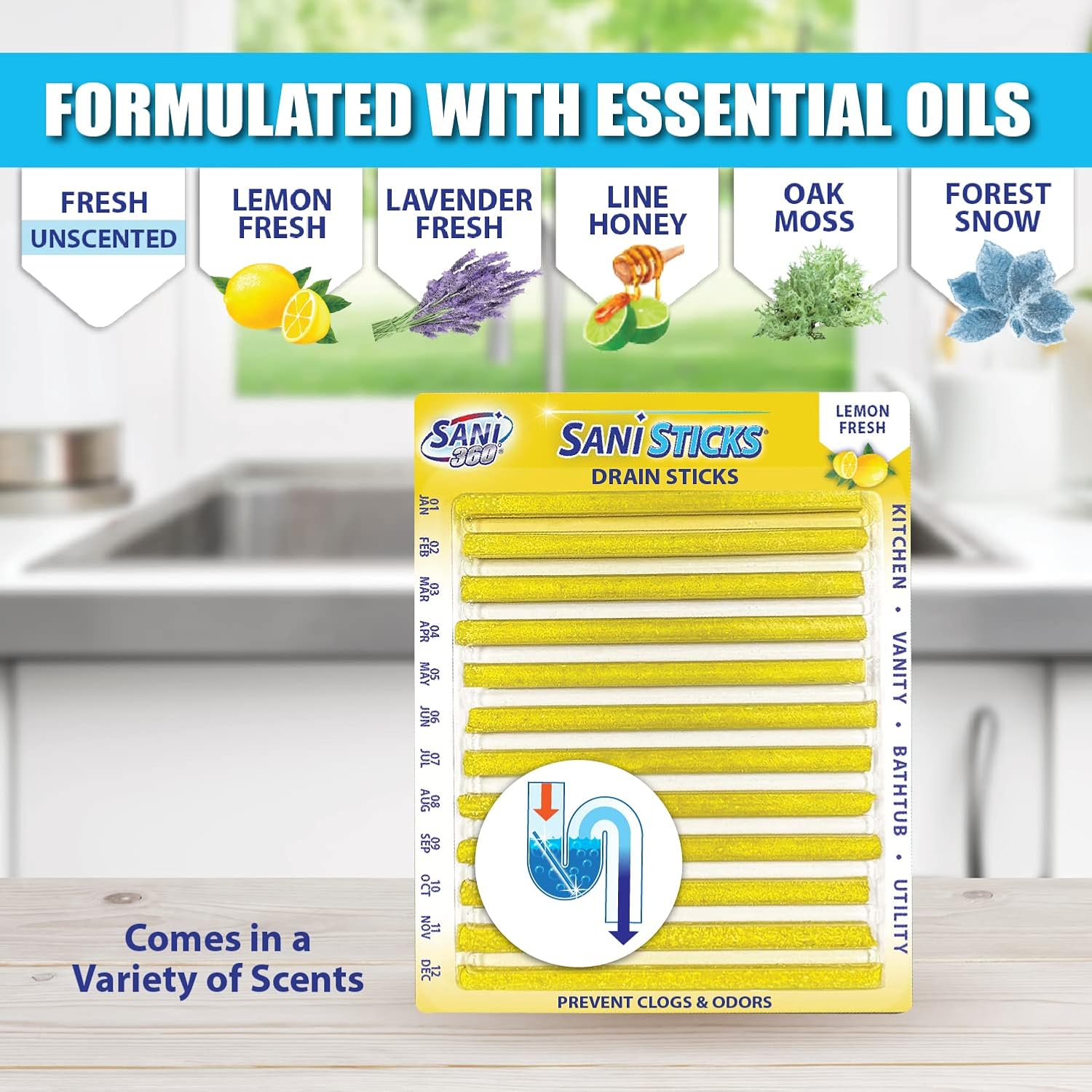 SANI 360° Sani Sticks Drain Cleaner and Deodorizer, Enzyme Pipe Cleaners, Eliminate Odors, Prevent Clogged Drains, Safe for Sinks, Bathtub Drains, Septic Tanks, 24 Count, Lemon Scent