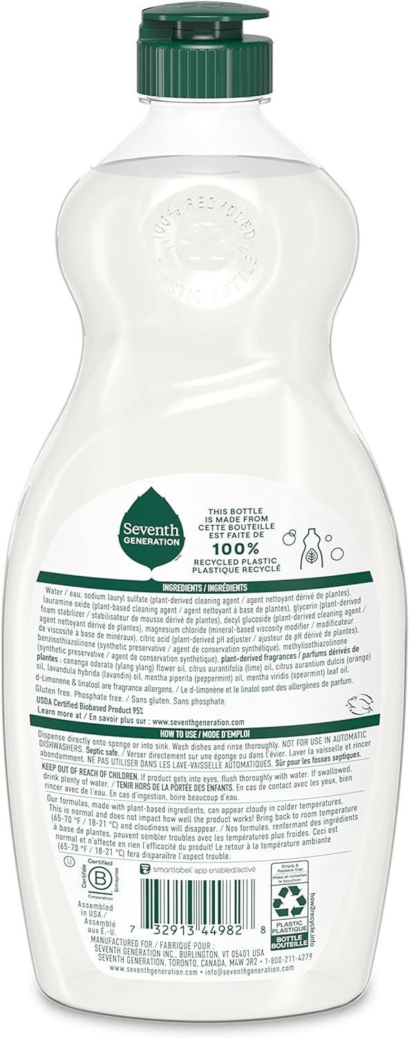 Seventh Generation Dish Soap Liquid, Fragrance Free, 19 oz, Pack of 6