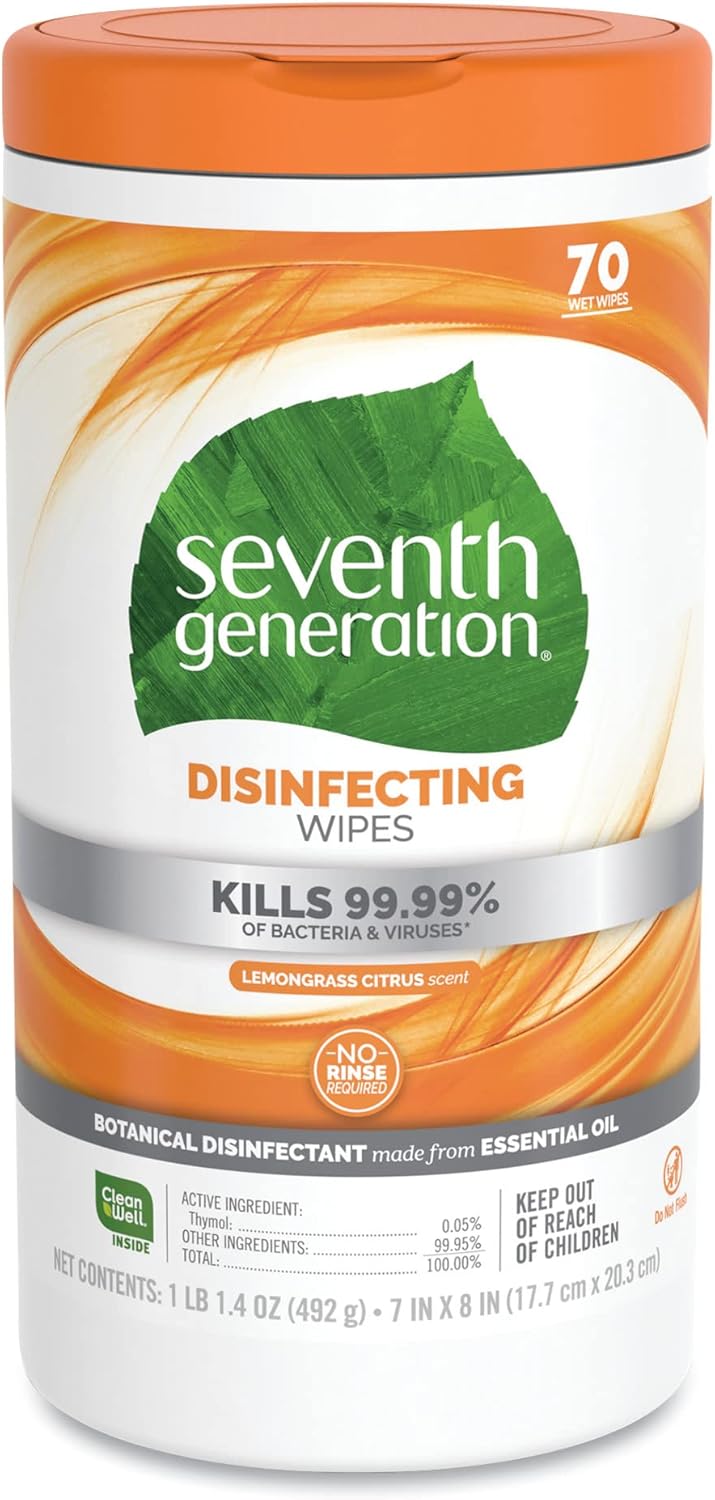 Seventh Generation Disinfecting Multi-Surface Wipes, Pack of 3, Lemongrass Citrus, 70 Count