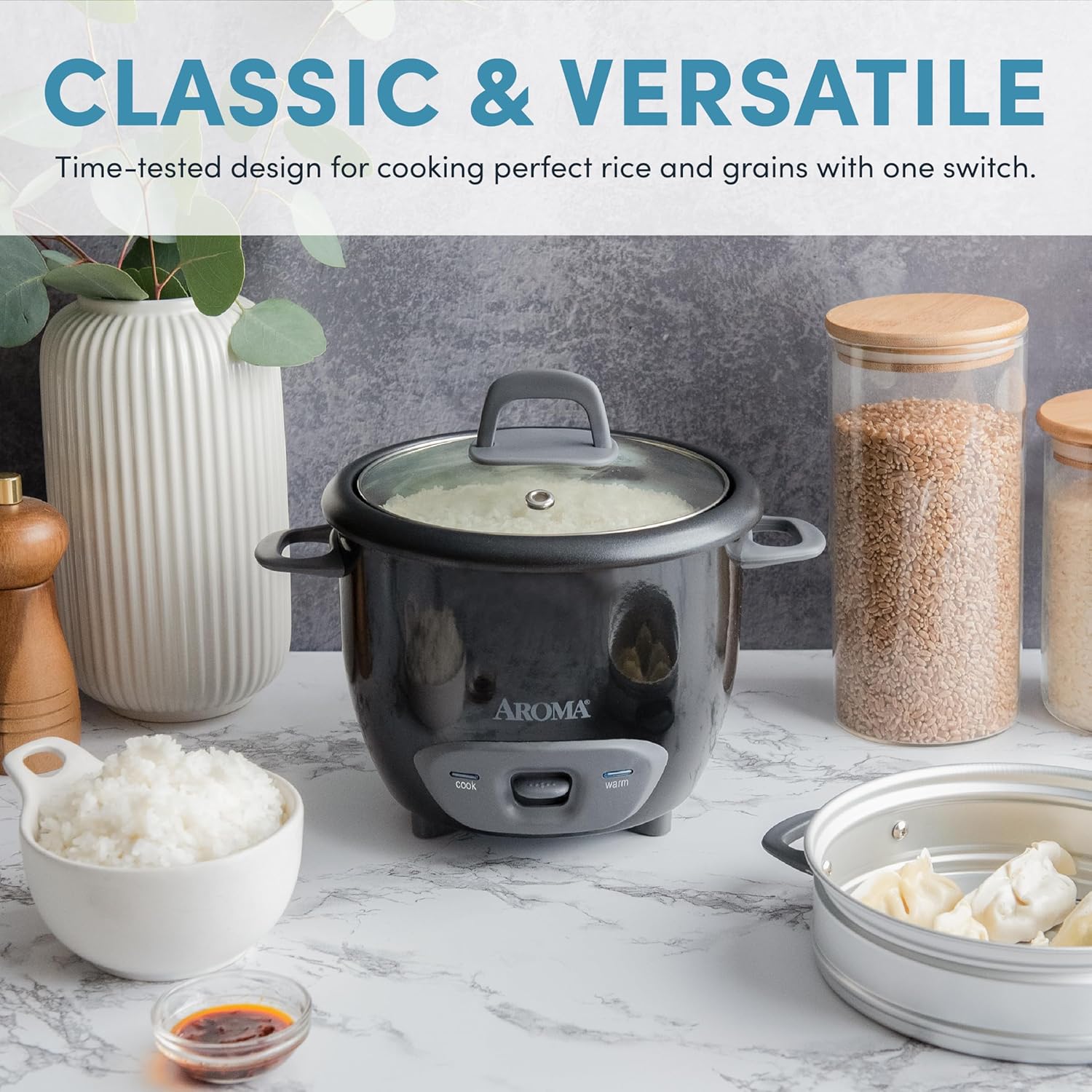 Aroma Housewares 6-Cup (Cooked) (3-Cup Uncooked) Pot Style Rice Cooker and Food Steamer (ARC-743-1NG), White