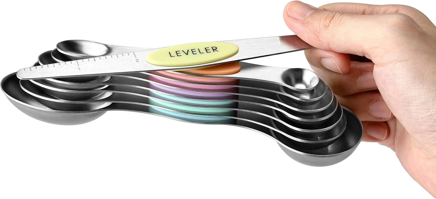 Spring Chef Magnetic Measuring Spoons Set with Strong N45 Magnets, Heavy Duty Stainless Steel Metal, Fits in Most Kitchen Spice Jars for Baking & Cooking, BPA Free, Black, Set of 8 with Leveler