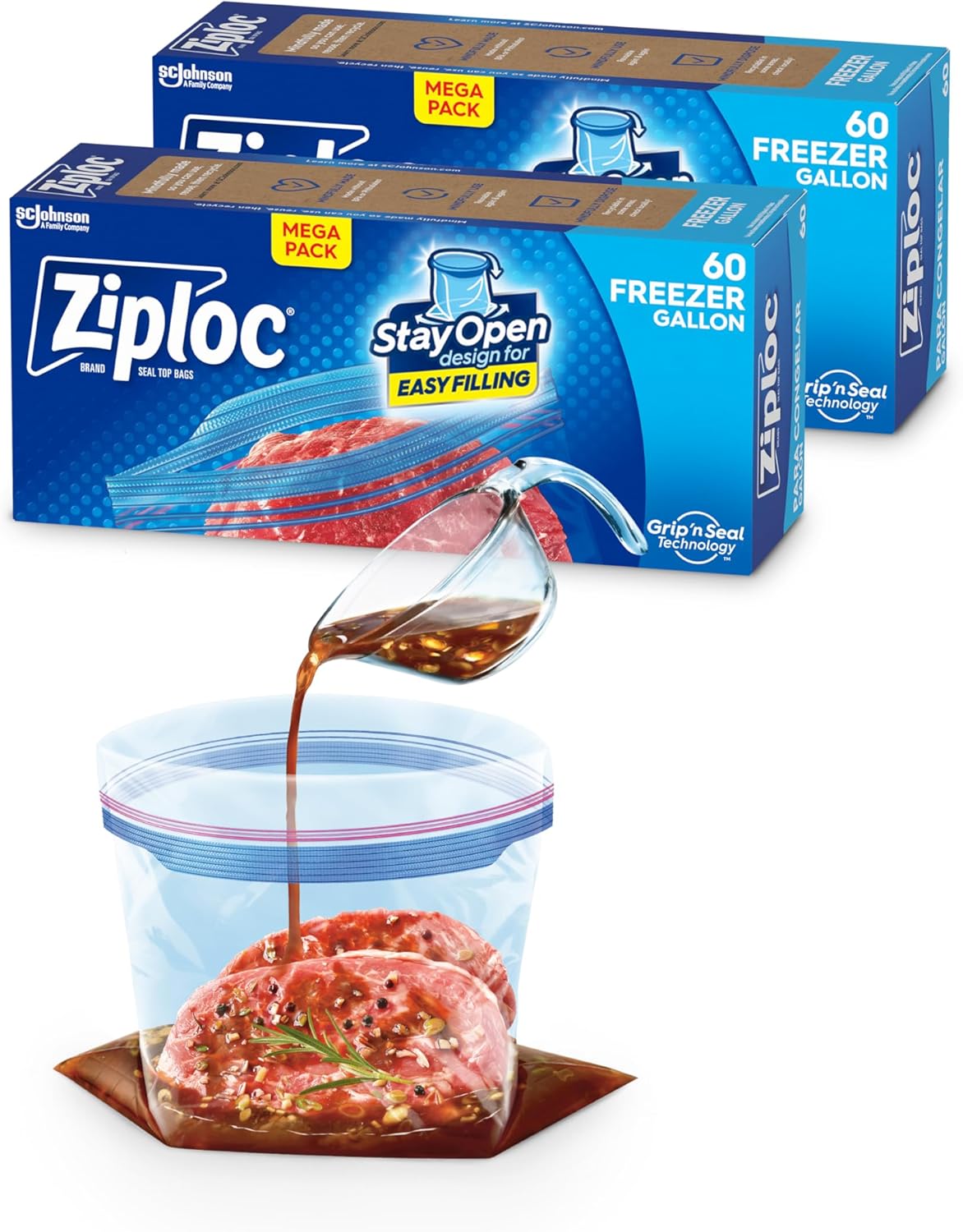 Ziploc Gallon Food Storage Freezer Bags, Stay Open Design with Stand-Up Bottom, Easy to Fill, 60 Count