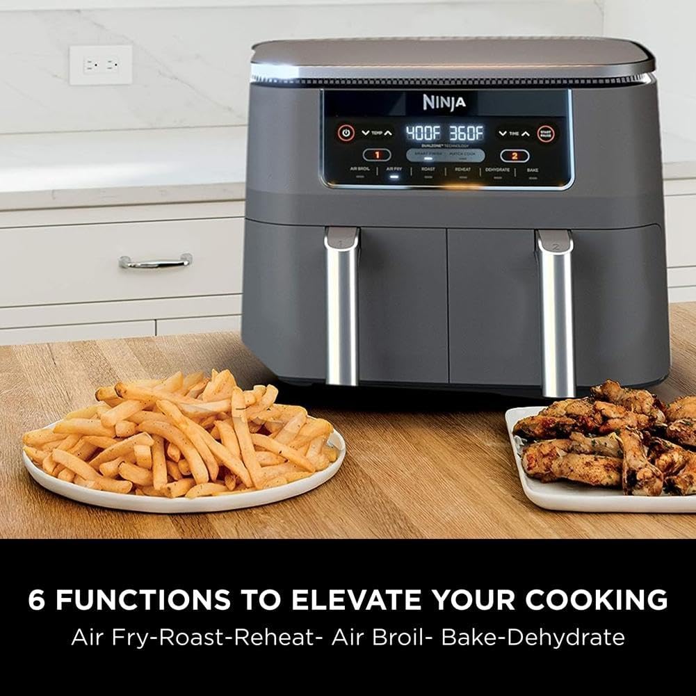 Ninja Air Fryer, Thermometer, Roast, Bake, Air Fry, Crisps, Broil, Reheats, Keep Warm, 10-in-1, Fries, Frozen Food, Veggies, and Meat, Quick Meals, Healthy Meals, Less Oil, 10 QT, Grey, DZ550​