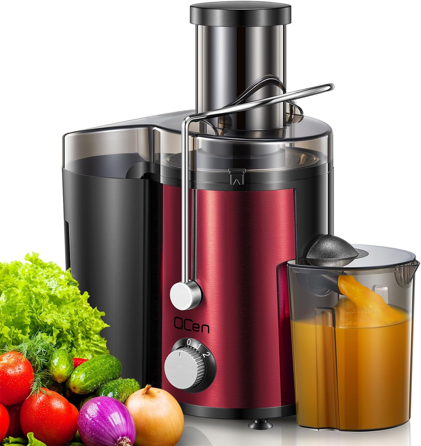 Qcen Juicer Machine, 800W Centrifugal Juicer Extractor with Wide Mouth 3” Feed Chute for Fruit Vegetable, Easy to Clean, Stainless Steel, BPA-free (Black)