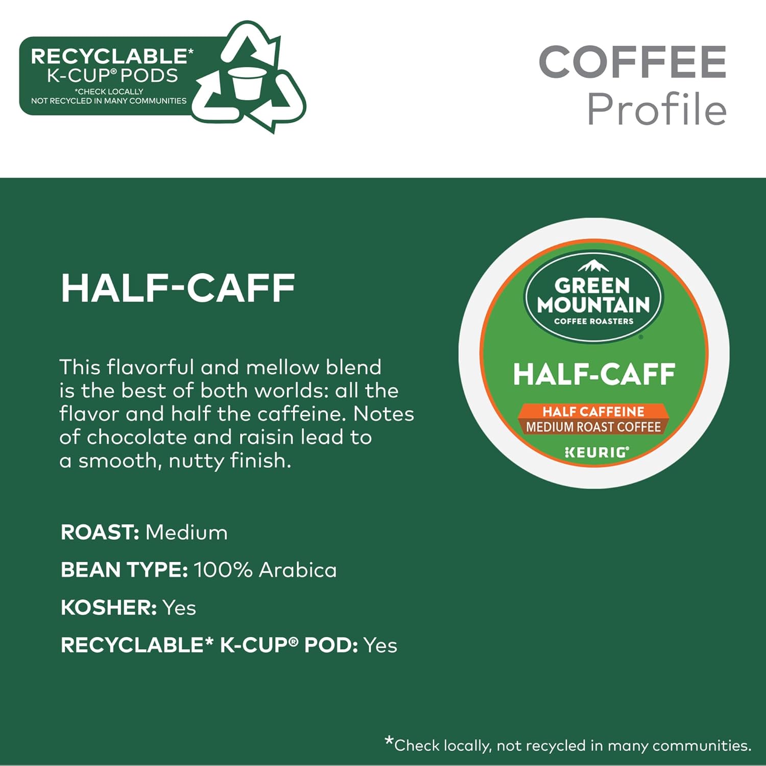 Green Mountain Coffee Roasters Half Caff Keurig Single-Serve K-Cup pods, Medium Roast Coffee, 72 Count (6 Packs of 12)