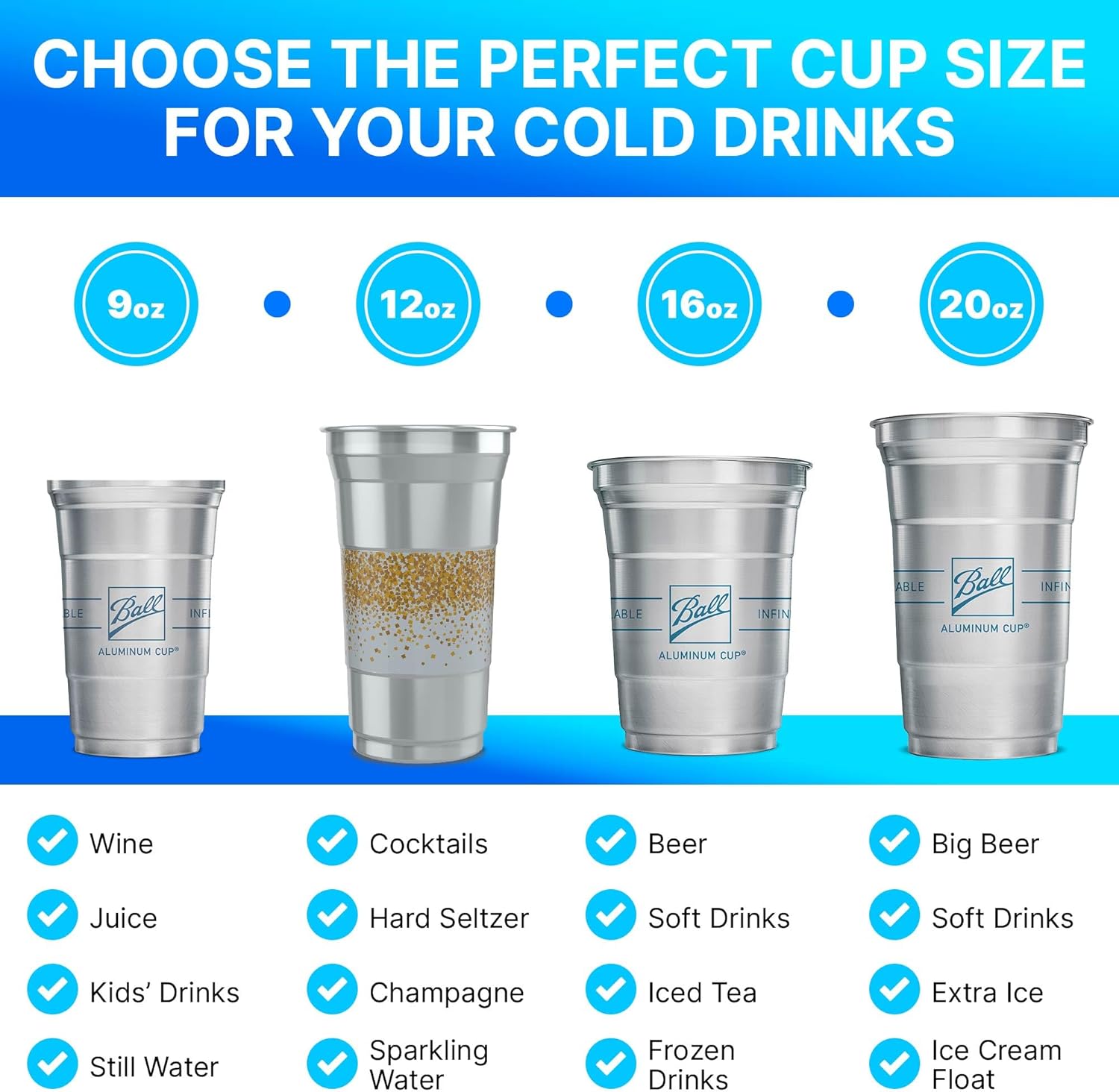 Ball Aluminum Cup Recyclable Party Cups, 20 oz. Cup, 30 Cups Per Pack