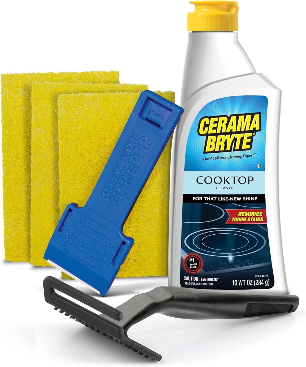 Cerama Bryte Combo Kit POW-R Grip, Scraper, Pad & Removes Tough Stains Cooktop and Stove Top Cleaner for Glass - Ceramic Surfaces, 10 Ounces, 4 Piece