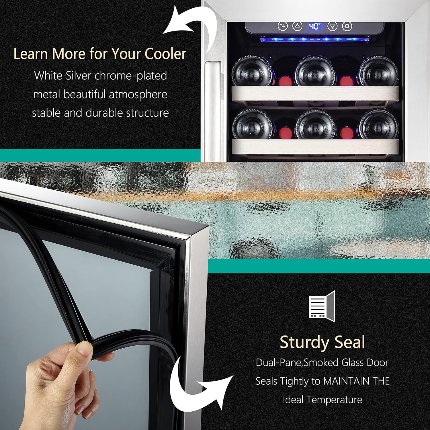 Kalamera 24 inch Wine Cooler, 46 Bottle - Dual Zone Built-in or Freestanding Fridge with Stainless Steel Reversible Glass Door, for Home, Kitchen, or Office.