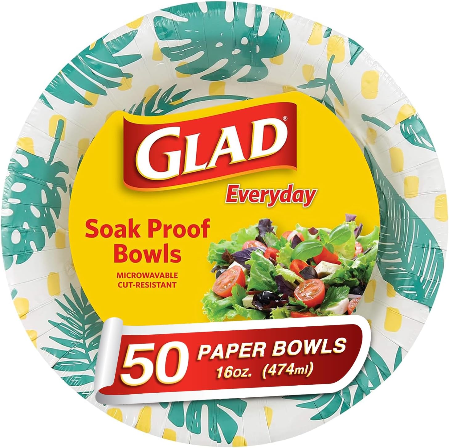Glad Disposable Soup Bowls for Hot Food - Heavy Duty, Cut Resistant, Microwaveable Paper Bowls with Tropical Palm Leaves Design - Ideal for Party, Chili, Fruit, Salad, Ice Cream - 16 Oz, 50 Count