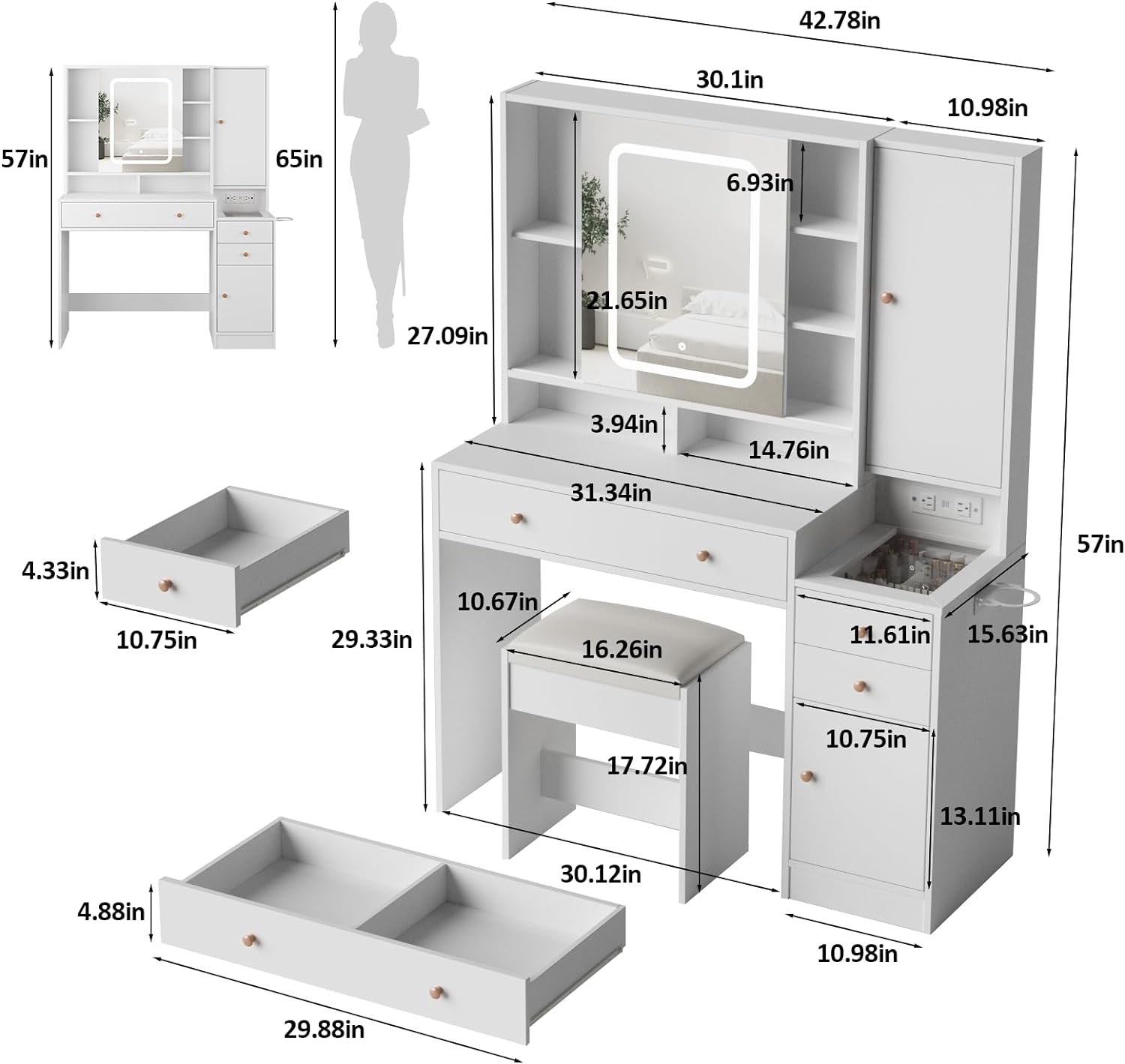 Vanity Desk with Mirror and Lights, Glass Top Vanity Table Makeup Vanity with Lights and Charging Station & Sliding Door, Glass Top Vanity with 3 Drawers and Jewelry Cabinet, 42.8inch
