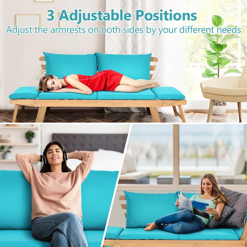 Outdoor Daybed Acacia Wood Convertible Couch Sofa Bed with Adjustable Armrest & Cushion