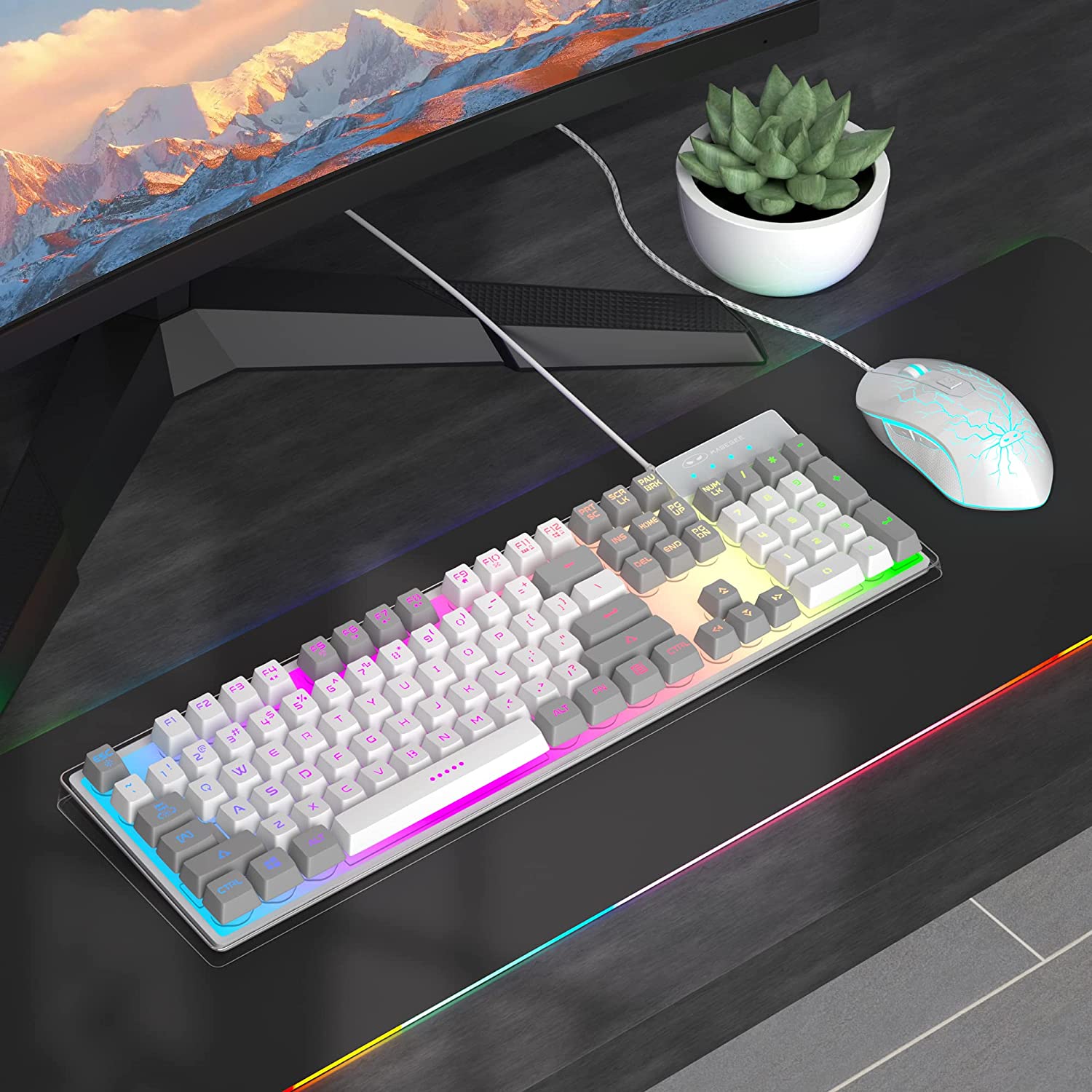 Gaming Keyboard and Mouse Combo, K1 RGB LED Backlit Keyboard with 104 Key Computer PC Gaming Keyboard for PC/Laptop(White)