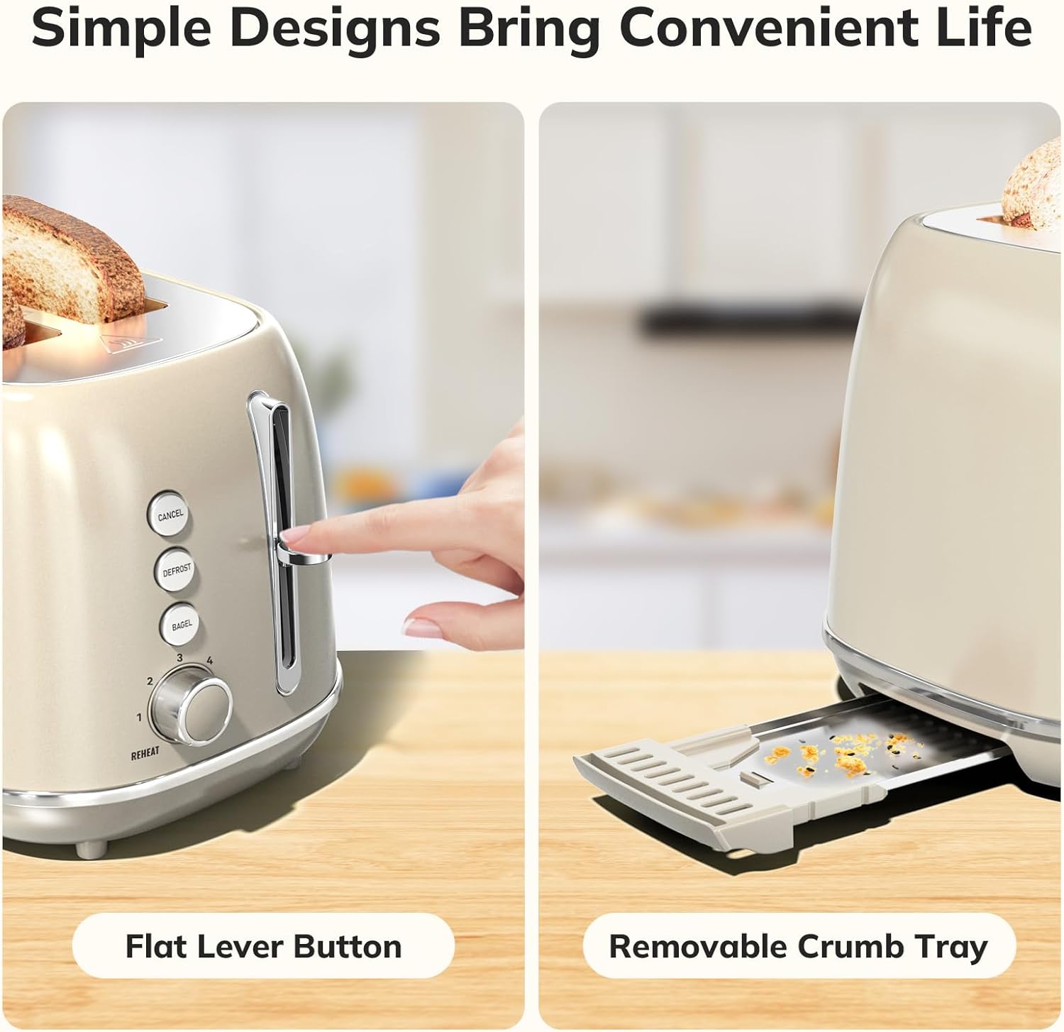 2 Slice Stainless Steel Toaster Retro with 6 Bread Shade Settings, Bagel, Cancel, Defrost Function, 2 Slice Toaster with Extra Wide Slot, Removable Crumb Tray, White