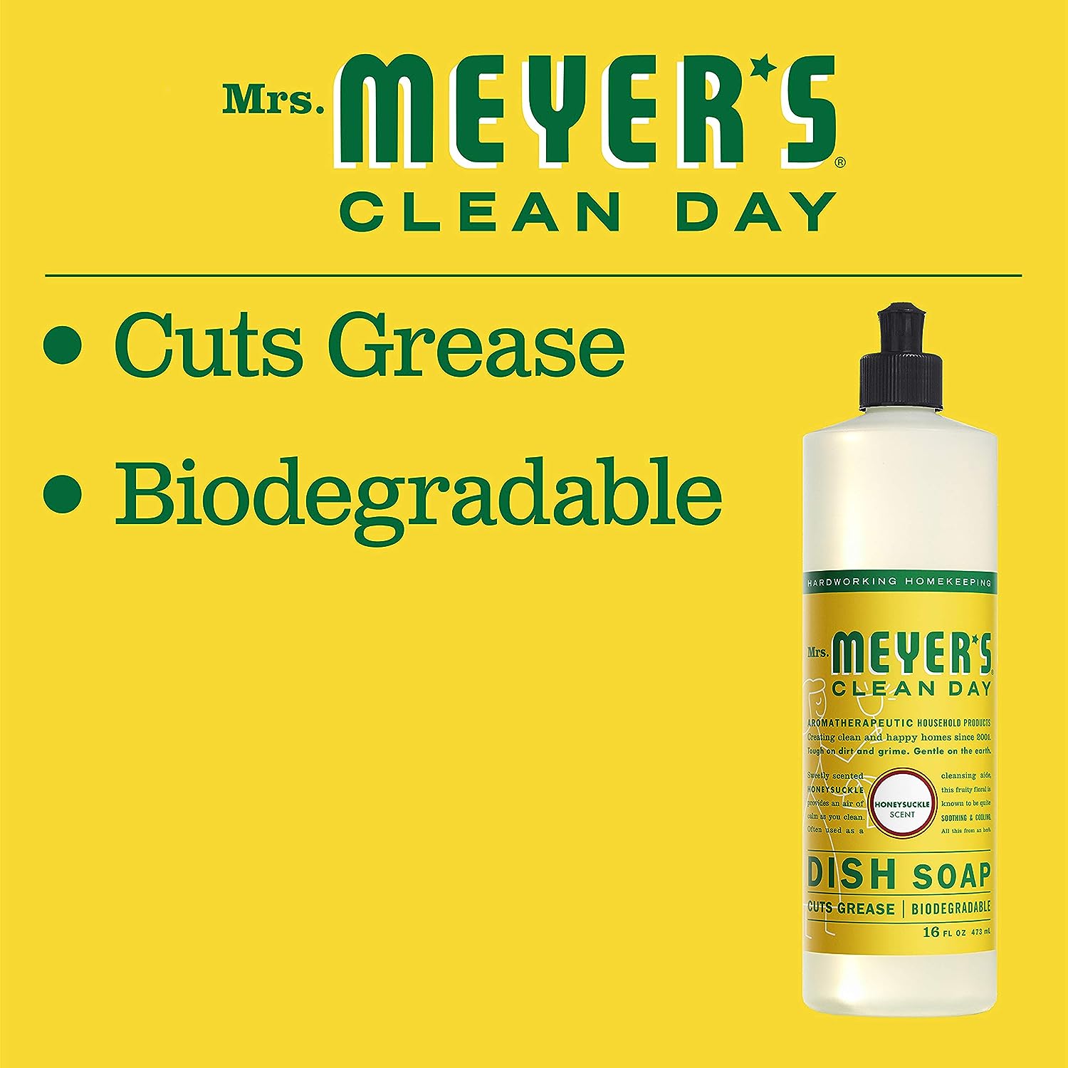 MRS. MEYER'S CLEAN DAY Liquid Dish Soap Refill, Biodegradable Formula, Honeysuckle, 48 fl. oz