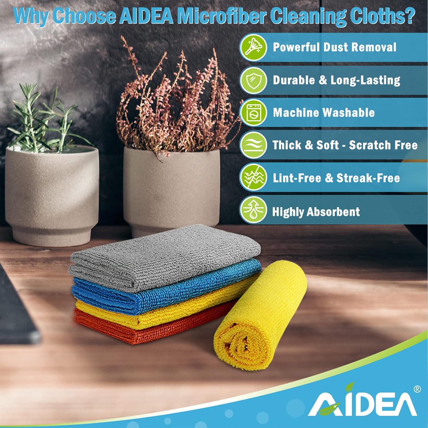 AIDEA Microfiber Cleaning Cloths-8PK, All-Purpose Cleaning Towels, Soft Absorbent Cleaning Rags Kitchen Towels, Lint-Free Dusting Cloth for House, Kitchen, Car, Window-(12in.x 12in.)