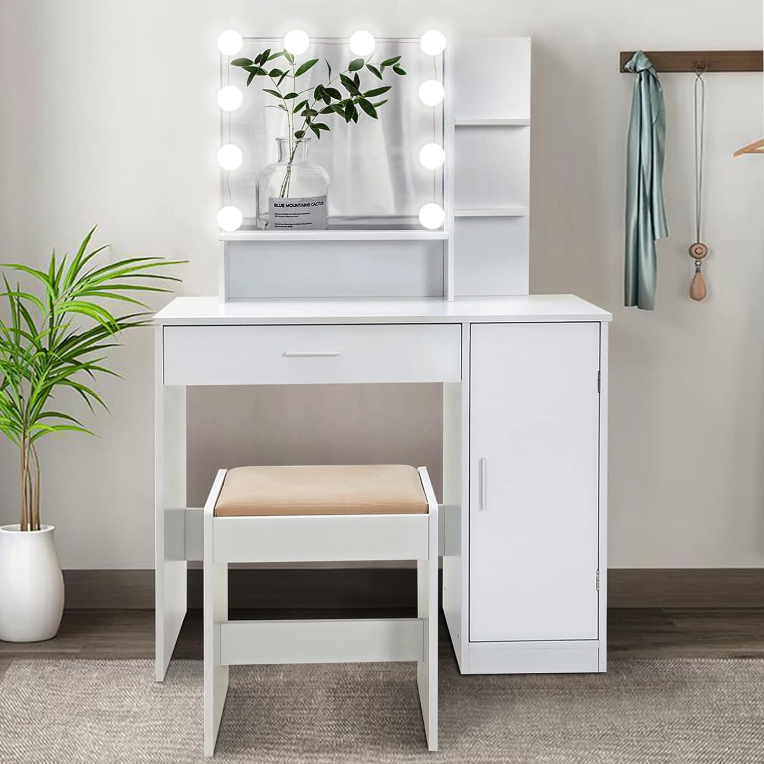 usikey Makeup Vanity Desk , Vanity Mirror with Lights and Table Set with Drawer, Cabinet & 3 Shelves, Makeup Vanity Set with 3 Lighting Modes Brightness Adjustable for Bedroom, White