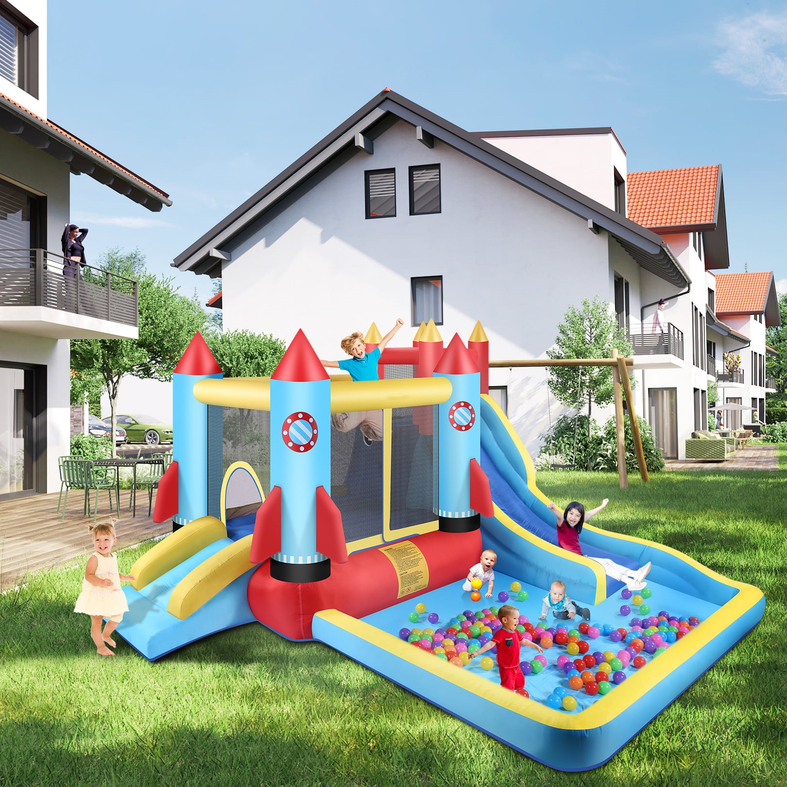 146''x 132'' x 82'' Inflatable Bounce Houses for Kids 3-12 with Blower Double Slide Climbing Wall and Ball Pit/Large Pool Outdoor/Indoor Bouncy House, PVC, Child, Teen, Toddler, Tween, Adult