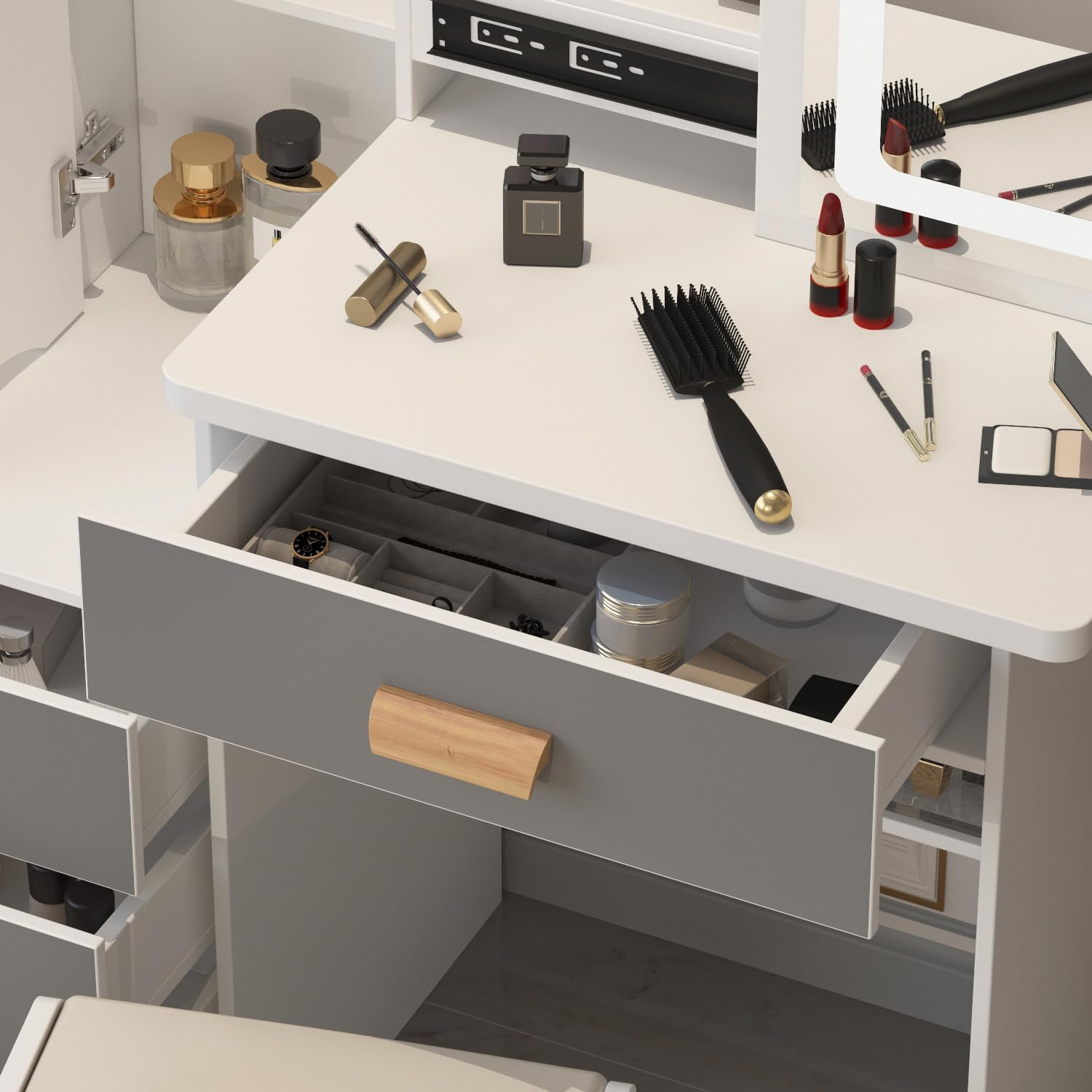 PREMTURE Dressing Table with LED Lighting, Cosmetic Table with Open Shelf and 4 Drawers, Dressing Table with Stool, Dressing Tables, Large Storage Space, MDF, 90 W x 40 D x 135 H cm