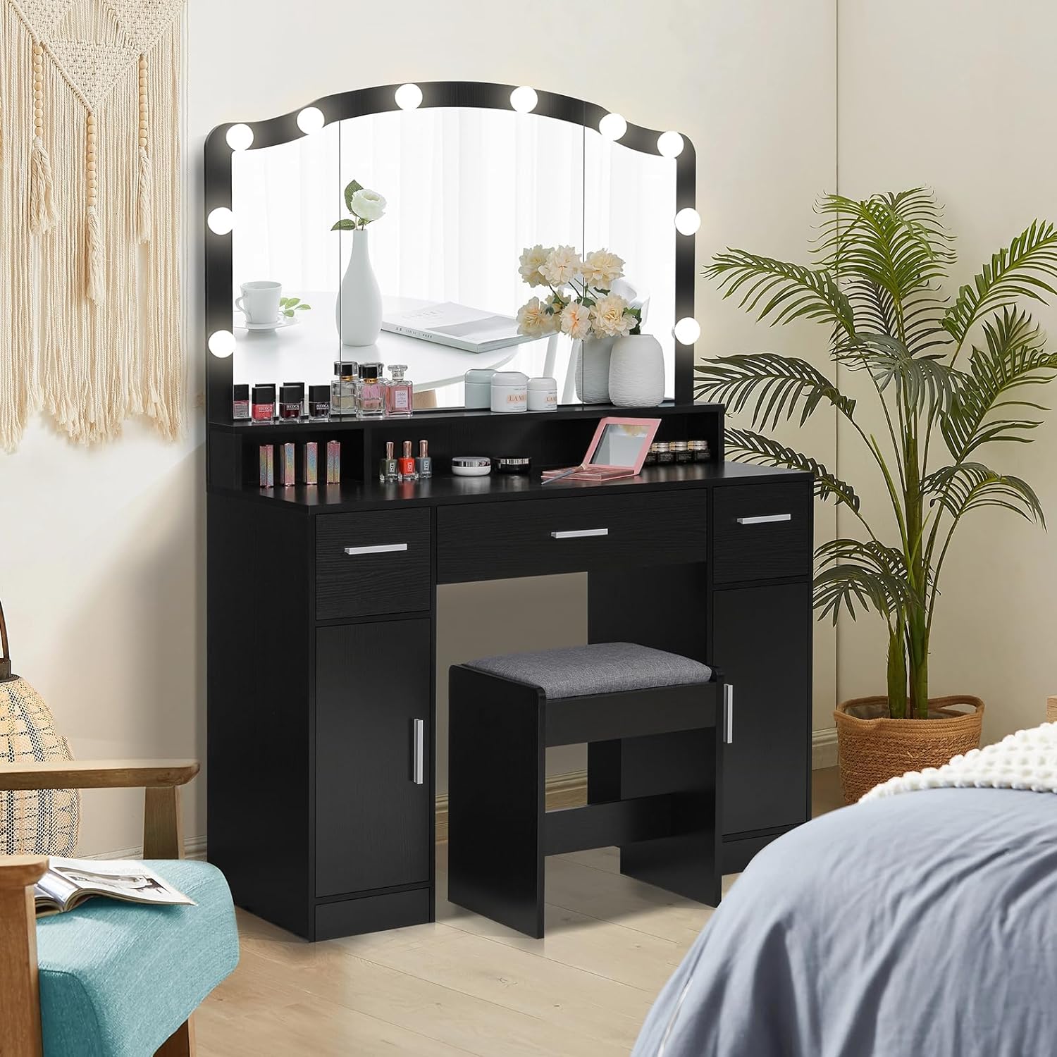 usikey Large Vanity Set with Large Lighted Mirror, Modern Makeup Vanity Table with 3 Drawers, 2 Storage Cabinets & 10 LED Bulbs, Dressing Table with Cushioned Stool for Women, Bedroom, Black
