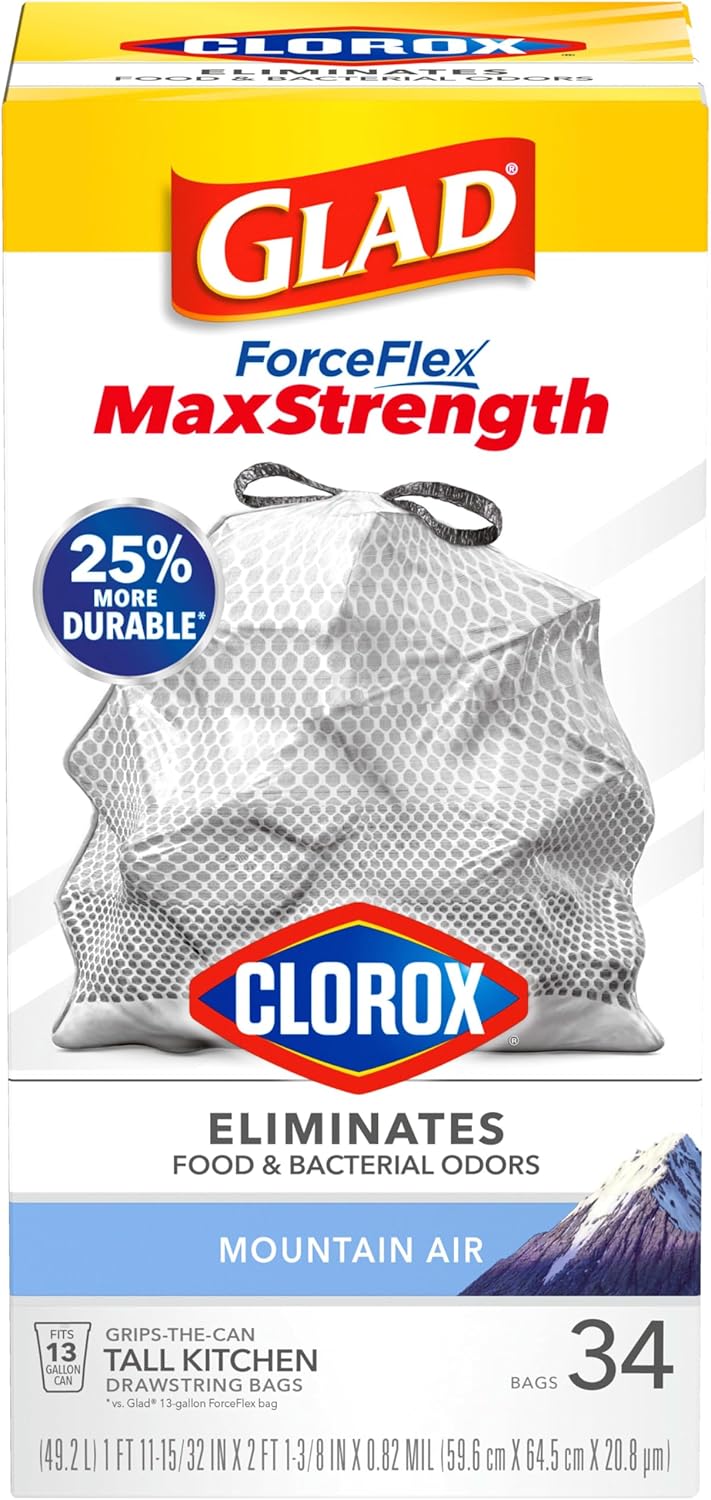 Glad ForceFlex MaxStrength with Clorox Trash Bags, 13 Gal, Lemon Fresh Bleach, 90 Ct, Pack May Vary