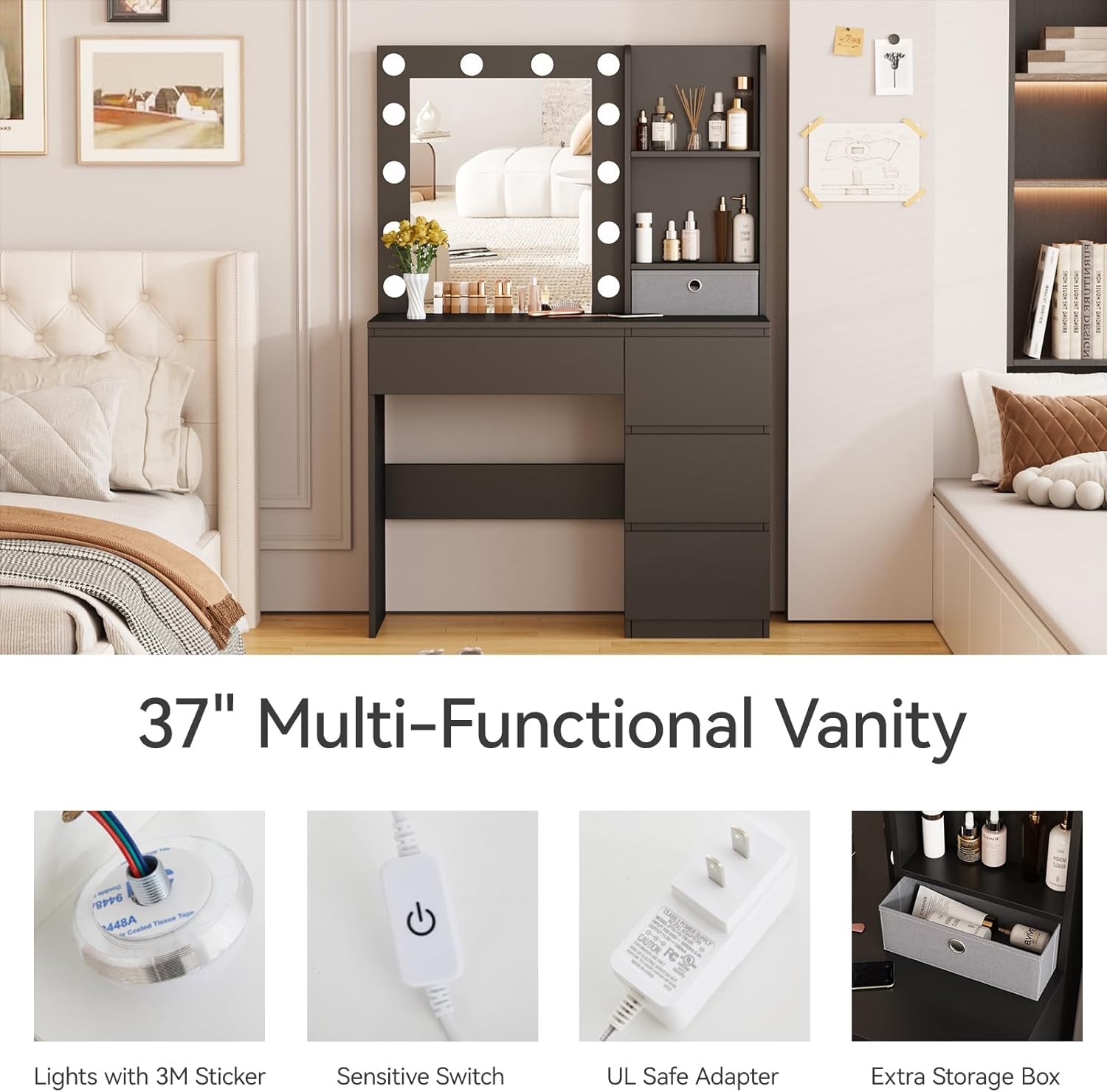 Vabches Makeup Vanity with Lights, 37inch Vanity Desk, 4 Large Drawers Dresser with Lighted Mirror, 3 Lighting Modes Brightness Adjustable