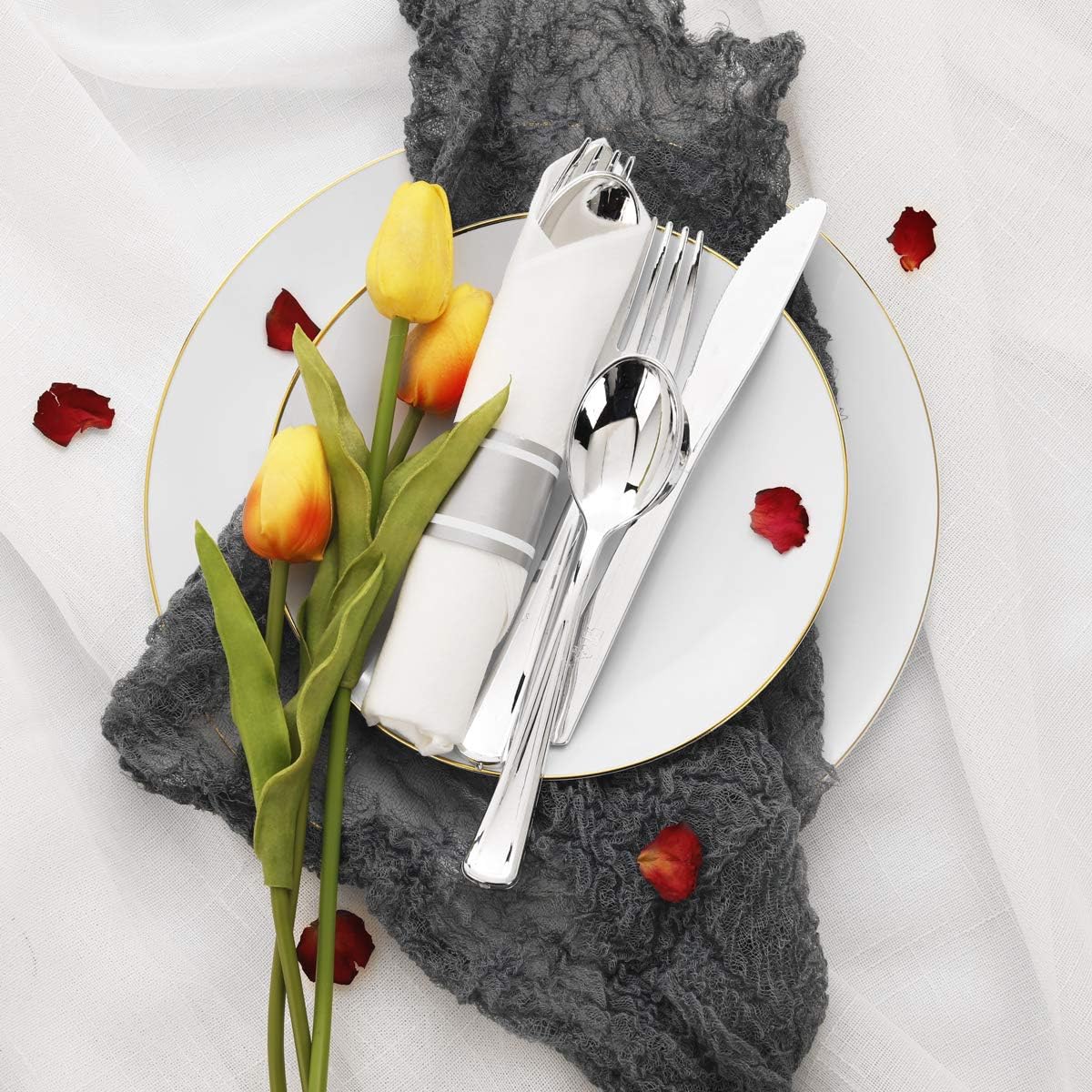 Supernal 60 Pack Pre Rolled Napkins with Gold Plastic Silverware, Premium Disposable Gold Wrapped Cutlery Set Includes: 60 Forks 60 Knives 60 Spoons 60 Napkin for Party