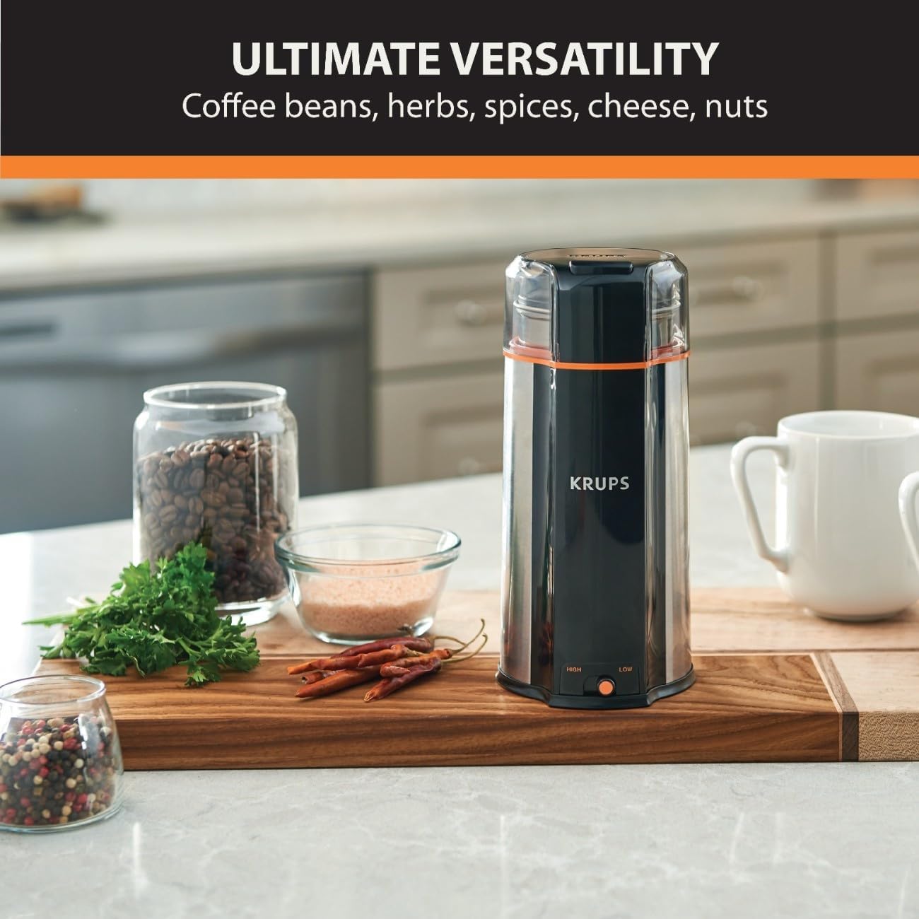 Krups One-Touch Coffee and Spice Grinder 3 Ounce Bean Hopper Easy to Use, One Touch Operation 200 Watts Coffee, Spices, Dry Herbs, Nuts, 12 Cup Black