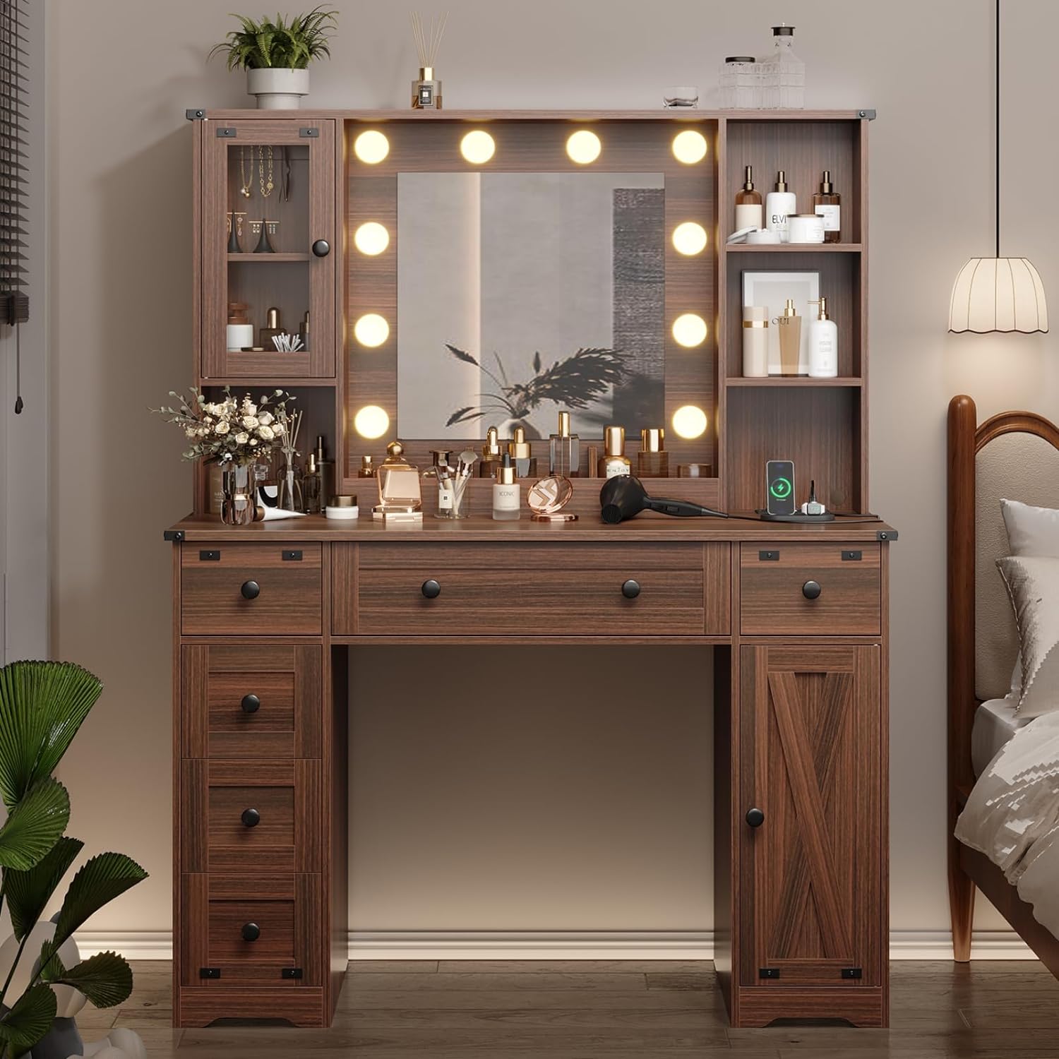 DICTAC Farmhouse Makeup Vanity Desk with Mirror and Lights, Large Vanity Table with Charging Station, 43'' Bedroom Dressing Table with 6 Drawers & 2 Cabinets, 3 Color Lighting Modes, Brown