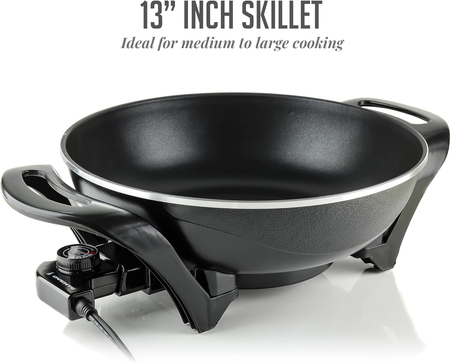 OVENTE 12 Inch Electric Skillet and Frying Pan with Nonstick Coating, 1400W Power, Adjustable Temperature Control, Tempered Glass Lid with Vent and Cool Touch Handles, Black SK11112B