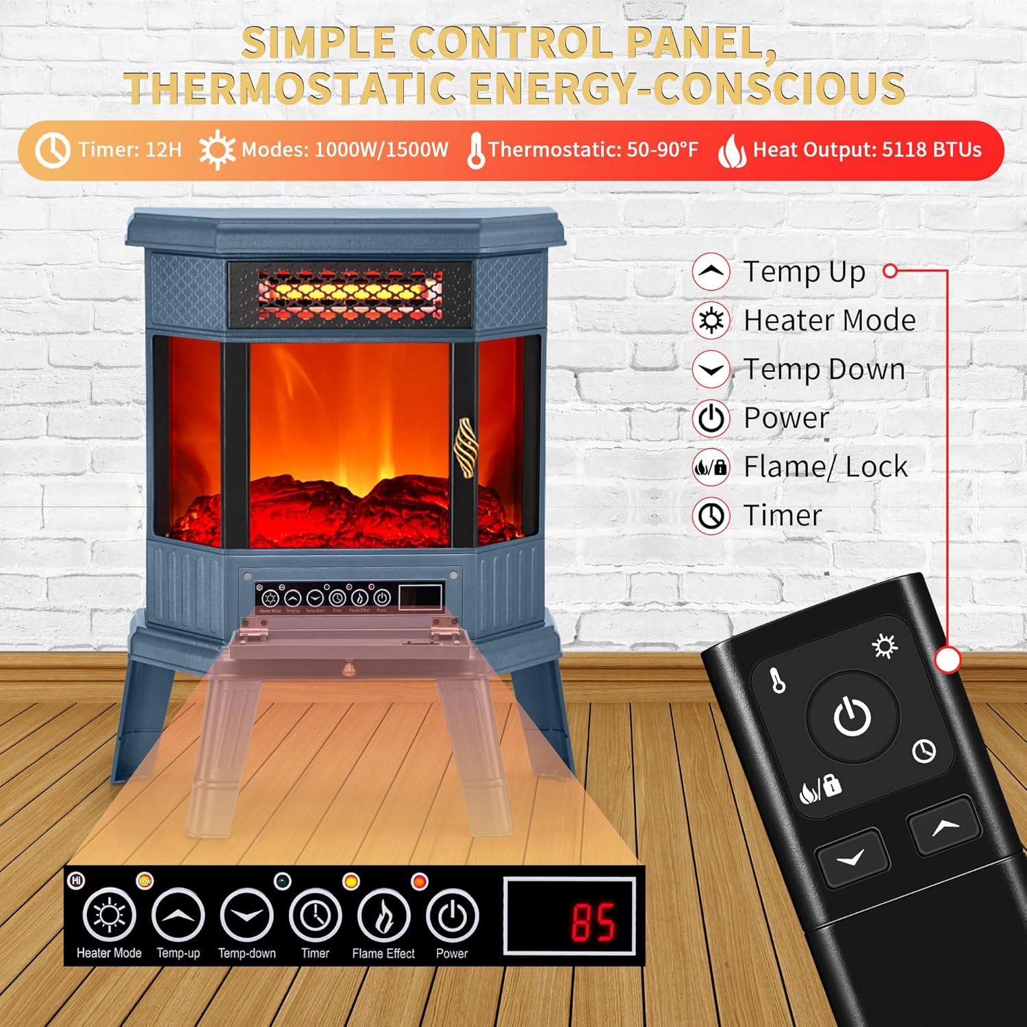 RealSmart Electric Fireplace Heater 22 in Freestanding Fireplace Stove Infrared Fireplace with 3D Flame Effect Remoted Control, Timer, Overheating Protection (Gray)
