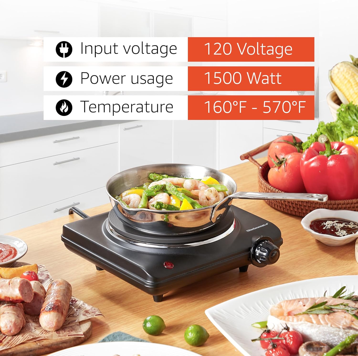 Elite Gourmet EDB-302BF# Countertop Double Cast Iron Burner, 1500 Watts Electric Hot Plate, Temperature Controls, Power Indicator Lights, Easy to Clean, Black