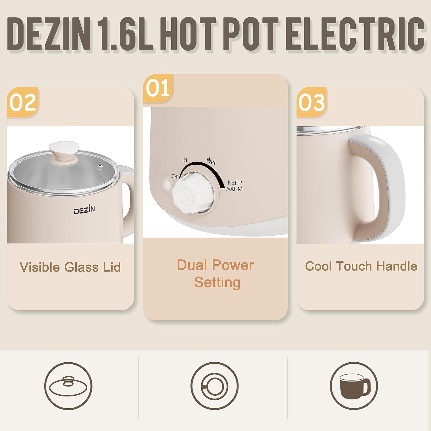 Dezin Electric Pot, 1.6L Ramen Cooker, Hot Pot Electric Stainless Steel, Multifunctional Electric Cooker for Egg, Pasta, Soup, Porridge, Oatmeal with Temperature Control and Keep Warm Function