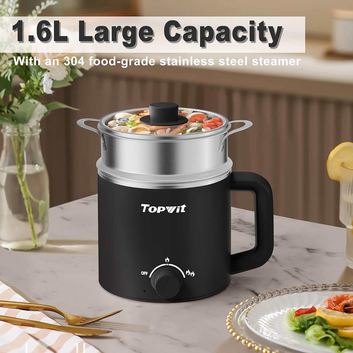 Topwit Hot Pot Electric, Electric Pot, 1.6L Ramen Cooker, Multifunctional Electric Cooker for Pasta, Shabu-Shabu, Oatmeal, Soup and Egg with Over-Heating Protection, Boil Dry Protection, Blue
