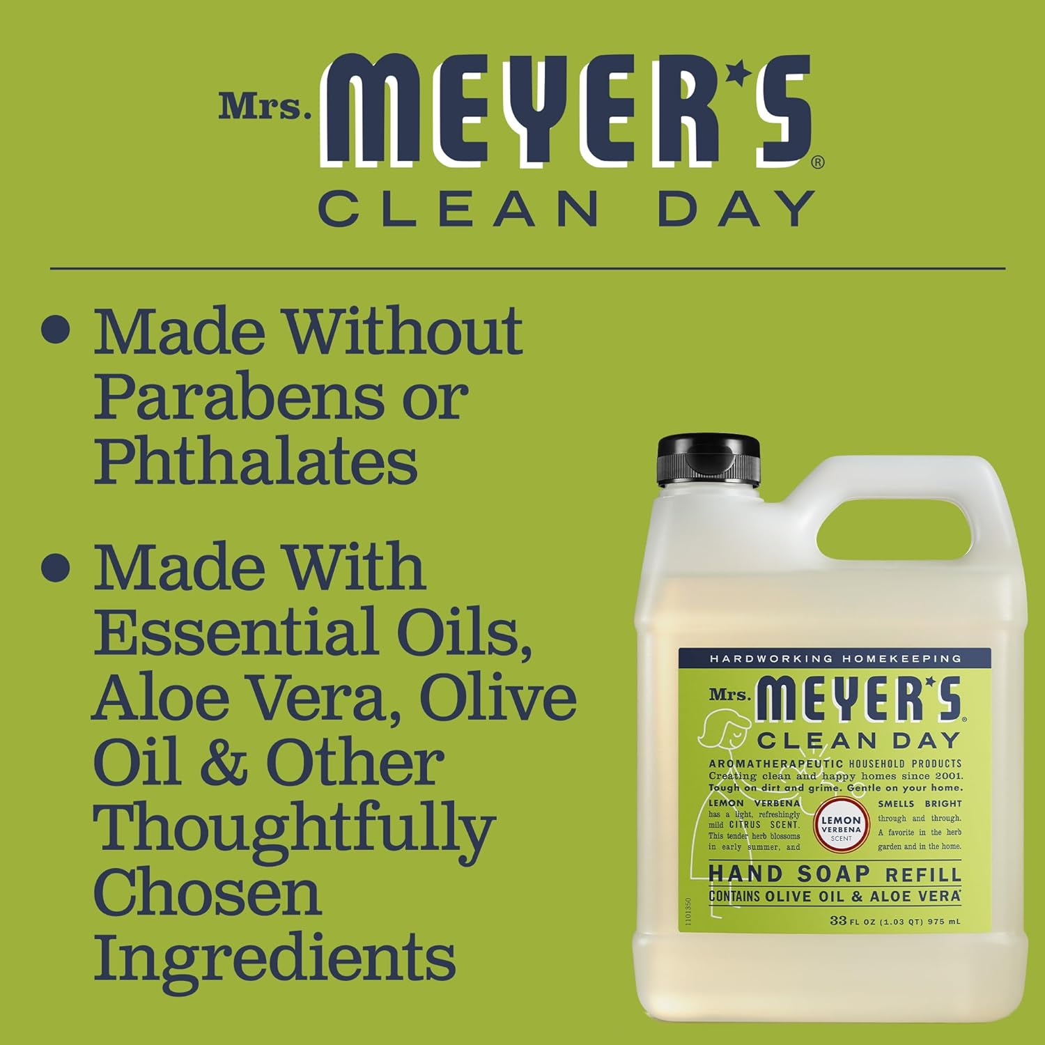 MRS. MEYER'S CLEAN DAY Liquid Hand Soap Refill, Cruelty Free and Biodegradable Formula, Lemon Verbena Scent, 33 oz